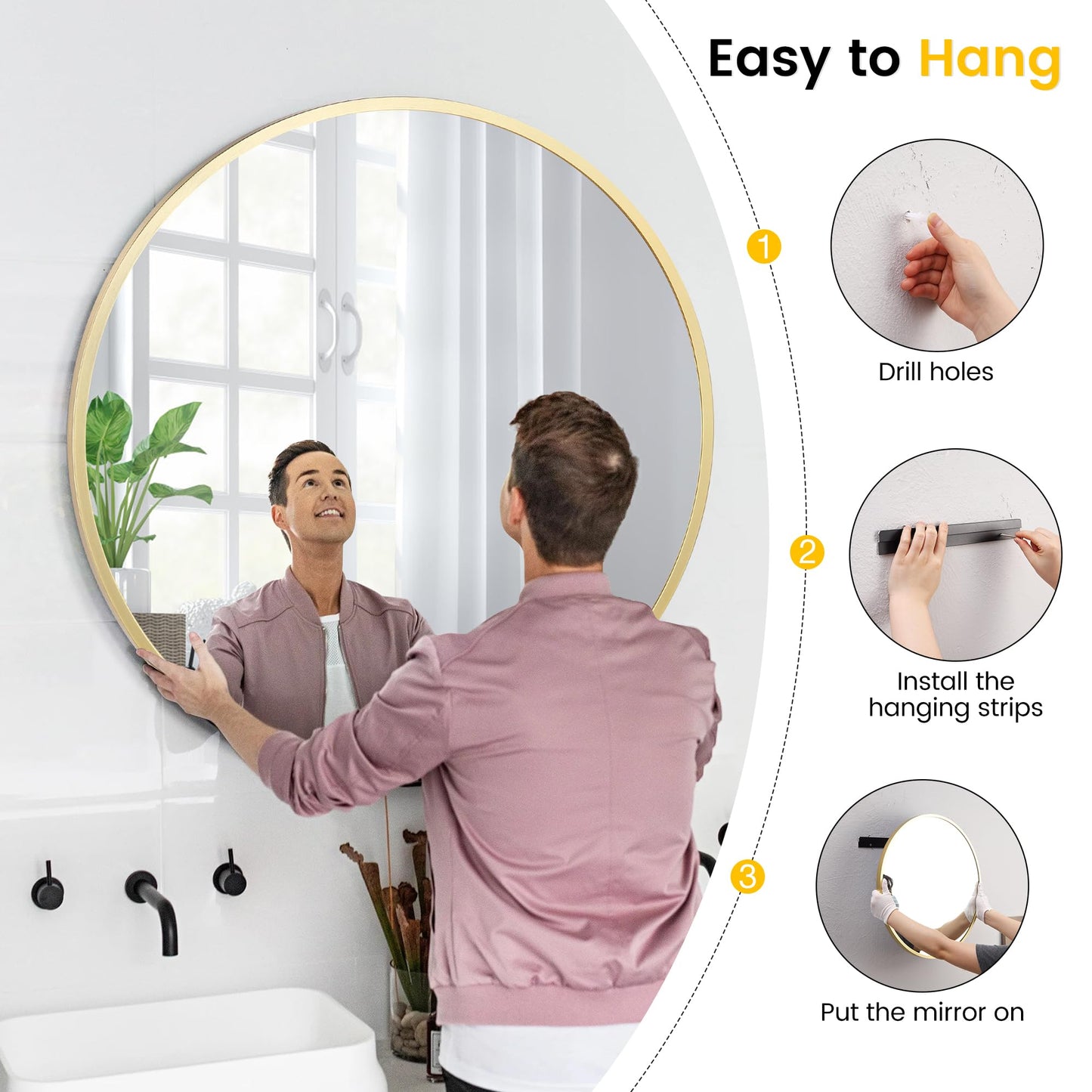 GarveeHome Large Round Mirror for Wall, 36 Inch Large Aluminum Alloy Frame Circle Mirror, High Definition Eco-Friendly Gold Round Bathroom Mirror for Over Sink, Wall Mirror for Entryway, Bathroom