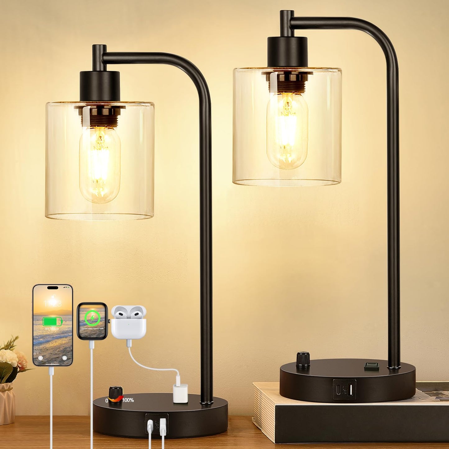 Set of 2 Industrial Table Lamps with USB Port, Fully Stepless Dimmable Bedside Lamps for Bedrooms, Nightstand Desk Lamp with Clear Glass Shade for Reading Living Room Office 2 LED Bulb Included