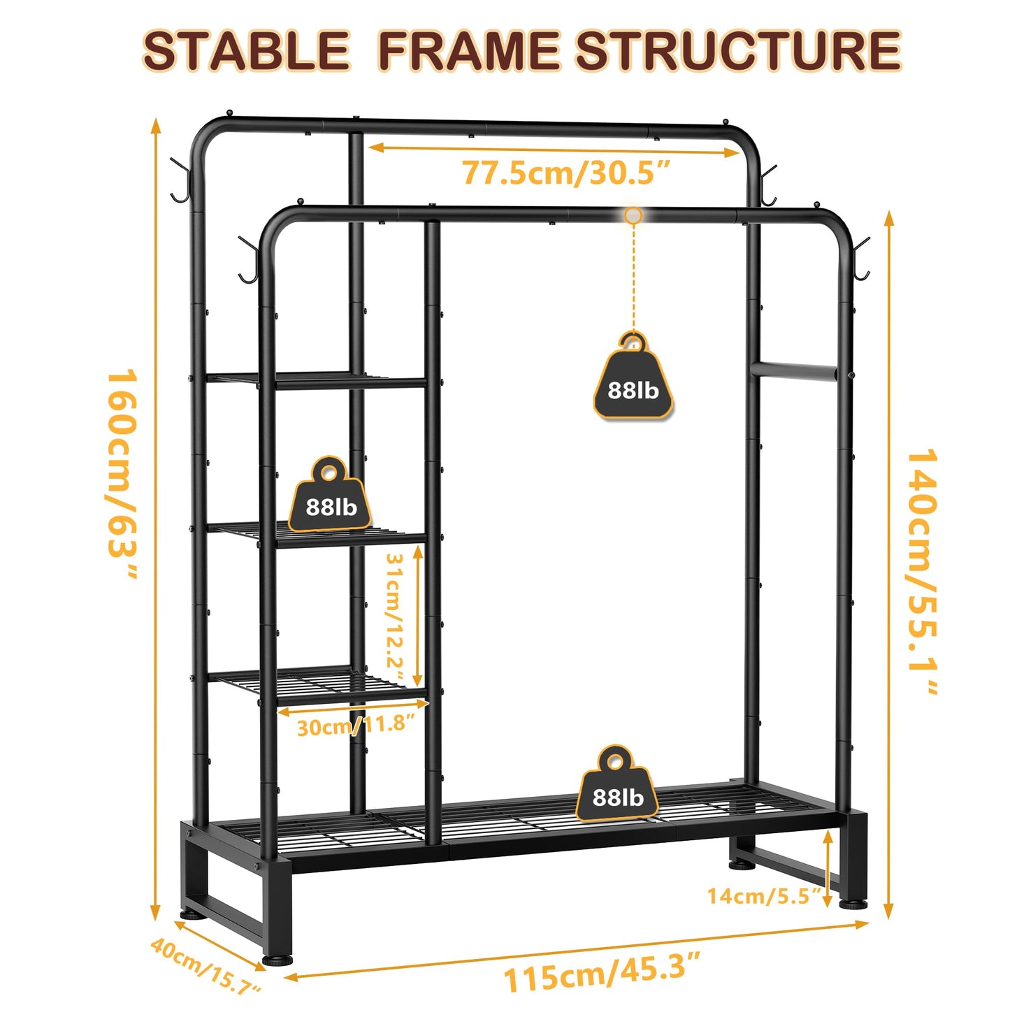 Double Rods Clothes Rack Clothing Rack with 4 Tier Storage Shelves Clothes Rack for Hanging Clothes Multifunctional Heavy Duty Clothes Organizer with Hooks for Bedroom,Wardrobe Closet,Shop,Black