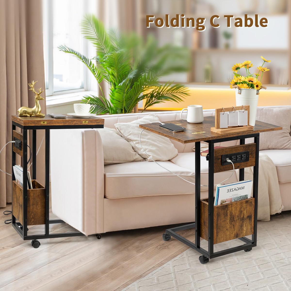 Hadulcet C Shaped End Table with Charging Station & Foldable Tabletop, Folding TV Tray Table with Storage, Rolling TV Trays, C Table for Sofa, Living Room Bedroom Small Spaces, Rustic Brown