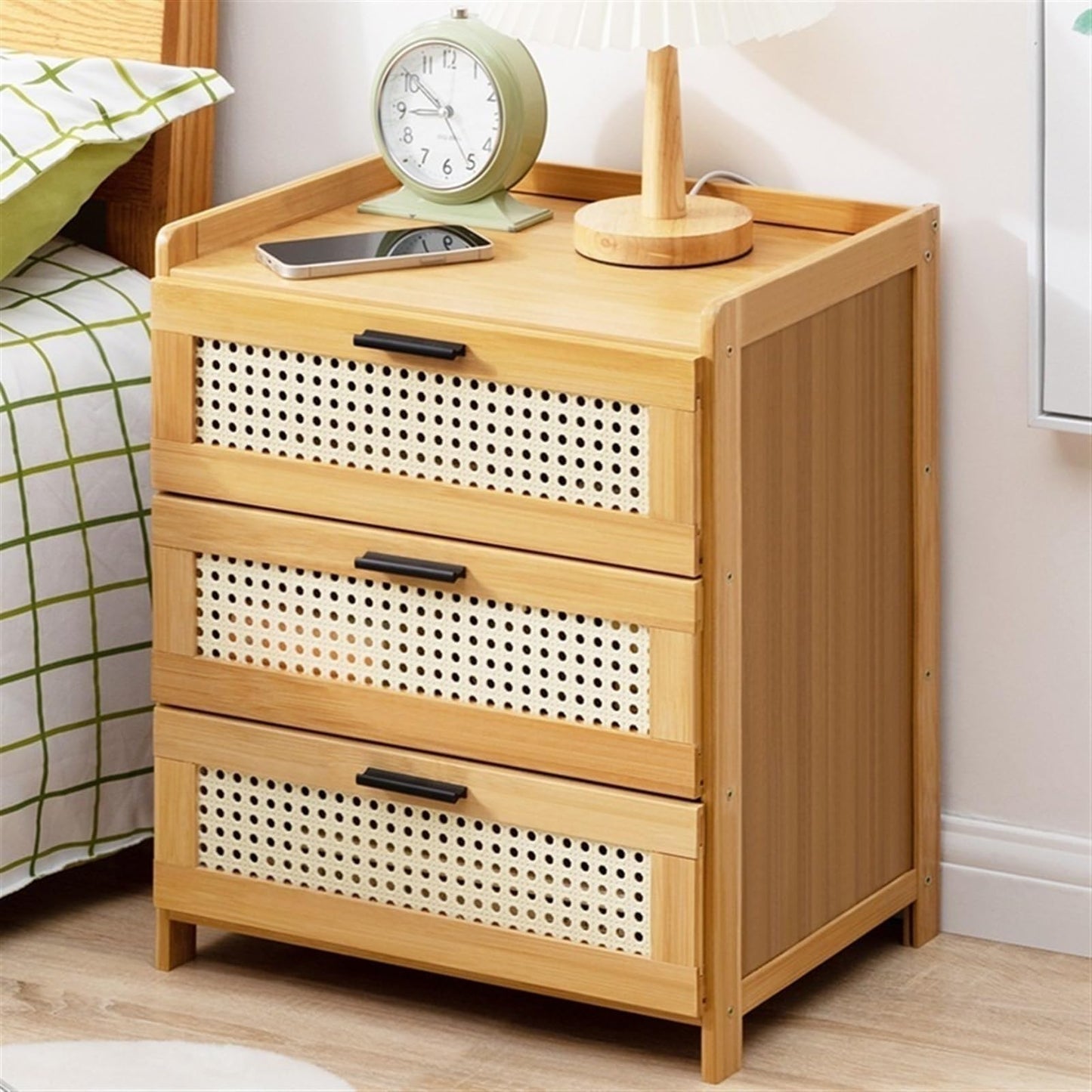 Boho Nightstand, End Table for Bedroom,Rattan Nightstand End Table,3Drawers Storage Ideal for Living Room and Small Space (Brown) ，Ideal Choice for Room(Brown)