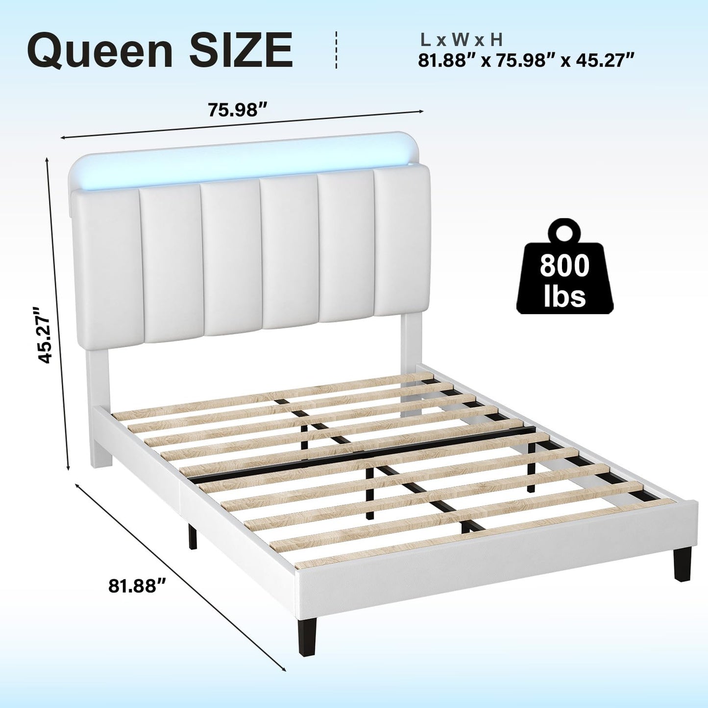 Queen Bed Frame with Storage, PU Upholstered Platform Bed with LED Lights Headboard, Noise-Free, Easy Assembly, No Box Spring Needed, White
