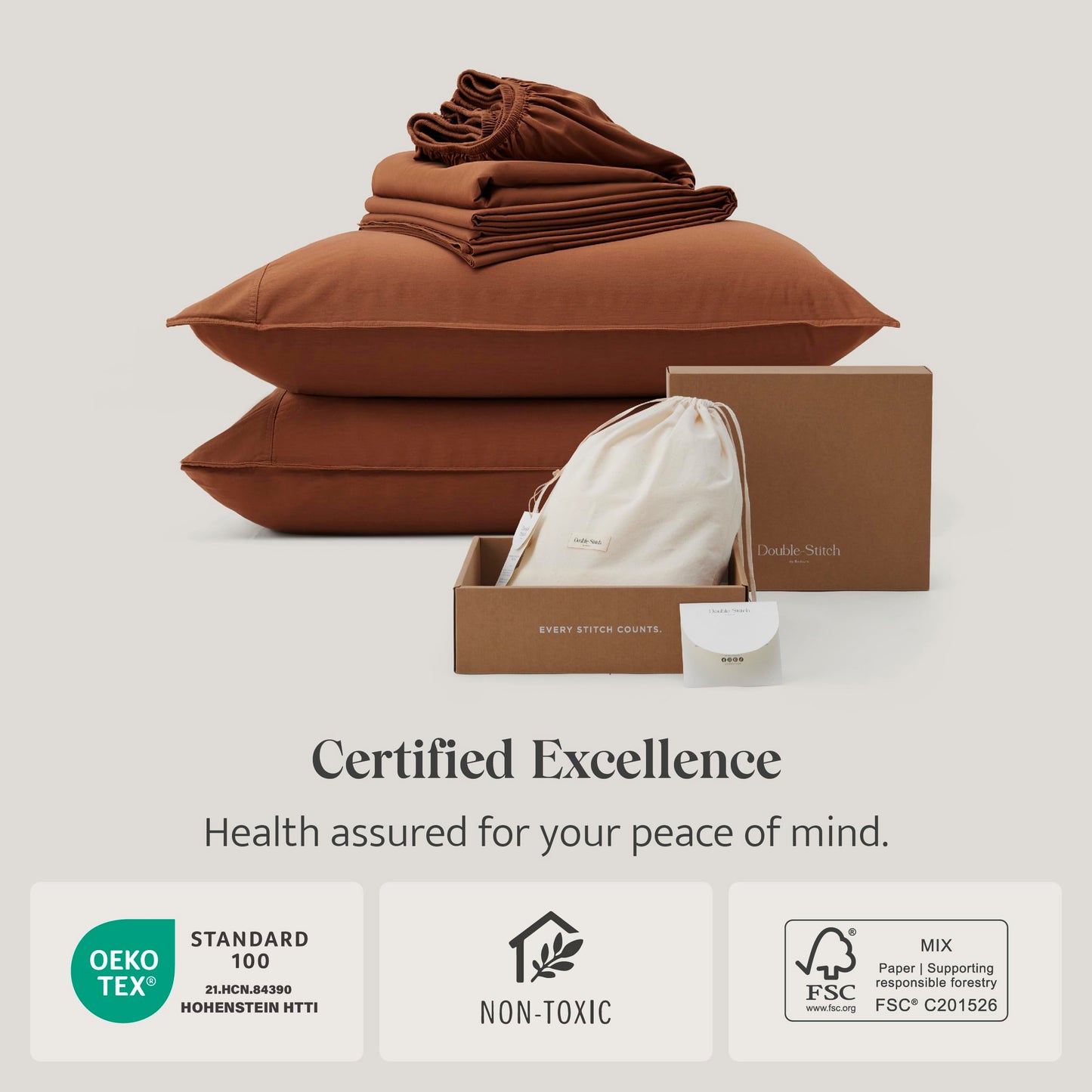 Double Stitch Cashmere Cotton Sheet Set - Mongolian Cashmere and Pima Cotton Blend Sheets King Size, Ultra-Soft, Breathable & Warm Bedding Set, Deep Pocket Up to 16'', Mocha Brown