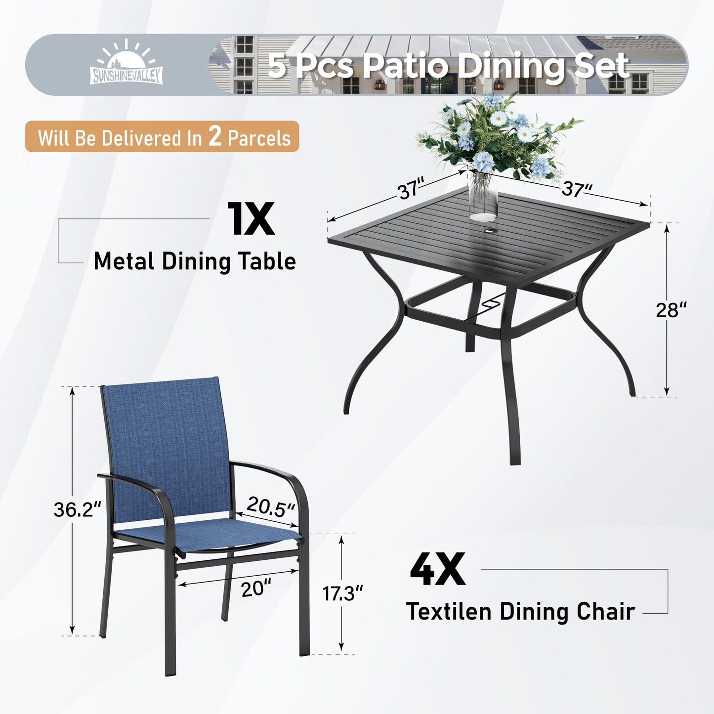 SUNSHINE VALLEY 5 Piece Patio Dining Set for 4, 37”x37” Square Table with Umbrella Hole and 4 Metal Blue Chairs, Outdoor Table and Chairs Set for Lawn Backyard and Deck
