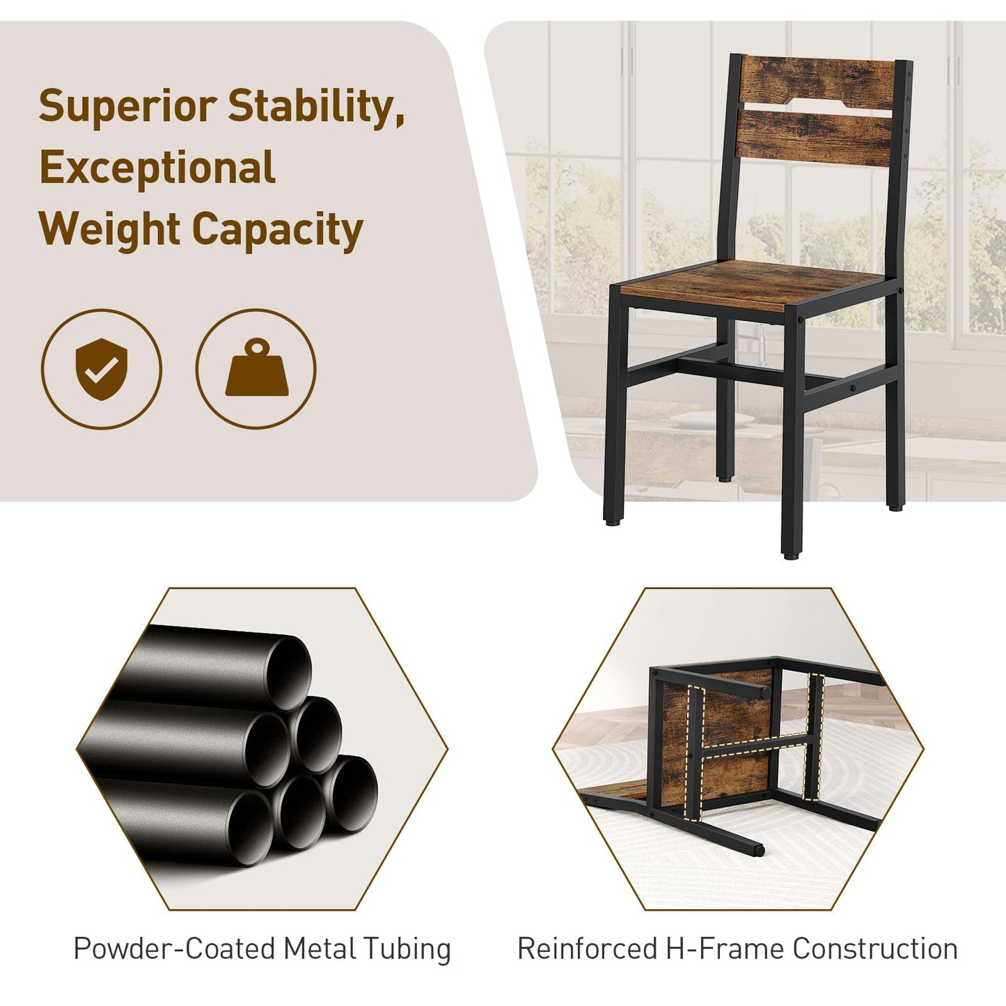 RALGEND Dining Chairs Set of 4, Rustic Wooden Kitchen Chairs with Backrests and Metal Frame, Modern Farmhouse Dinner Chairs for Kitchen, Easy Assembly, Living Room, Dining Room, Rustic Brown and Black