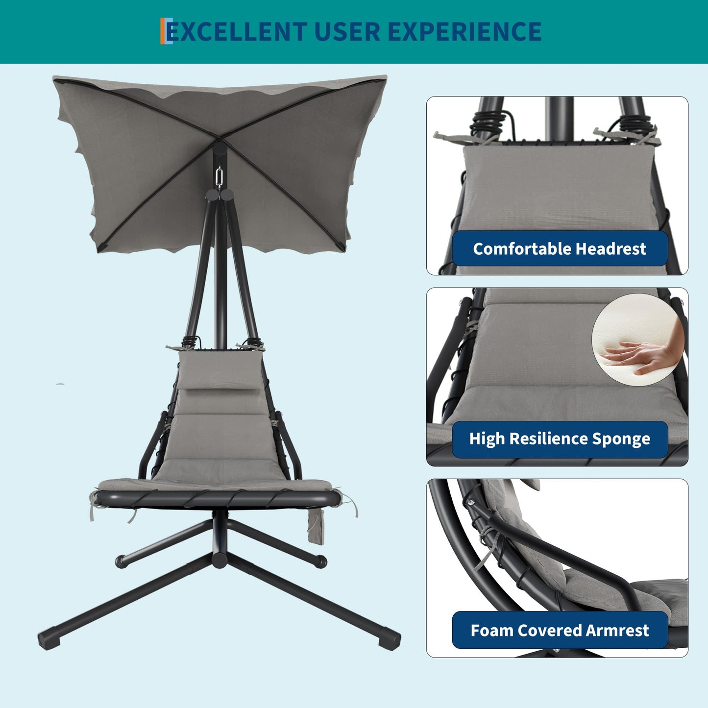 LuyFuitre Hanging Chaise Lounge Swing Chair, Hanging Curved Chaise Lounge Chair Umbrella, Curved Steel Hammock Lounger Chairs for Outdoor Indoor Patio Pool Garden Backyard Porch