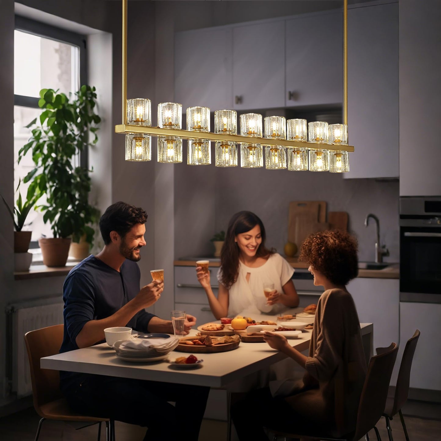 GRUSTRUST Gold Chandelier, 42" Kitchen Island Lighting Rectangle Linear Chandeliers, Dining Room Light Fixture Over Table, Brass Chandelier with Crystal Modern Pendant Light, Bulbs18xG4 Included