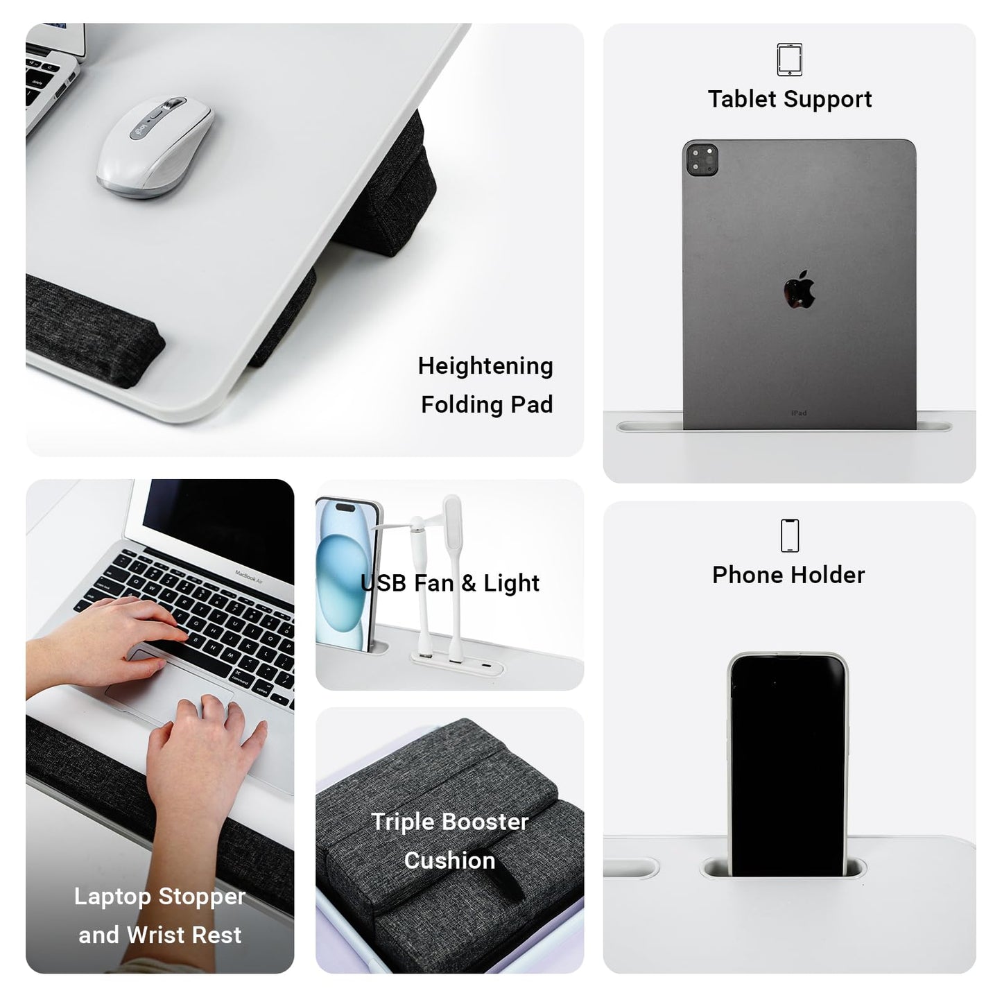 iXTRA Lap Desk for Laptop with Cushion,Folding Laptop Desk for Bed with USB,Bed Desk,Portable Computer Lap Desk,23.62"*15.74",White