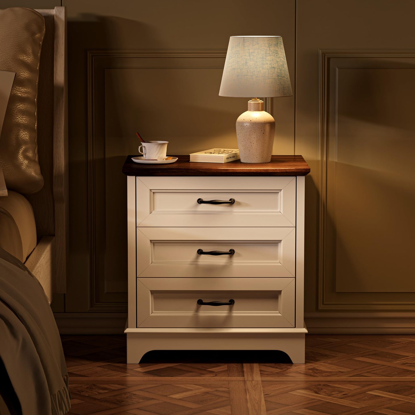 GRUSIGN Nightstand with Drawers - 22.44" Wide End Table with 3 Large Drawers & Bar Handles, Small Rustic Wood Chest of Drawers for Bedroom, Living Room, Closet