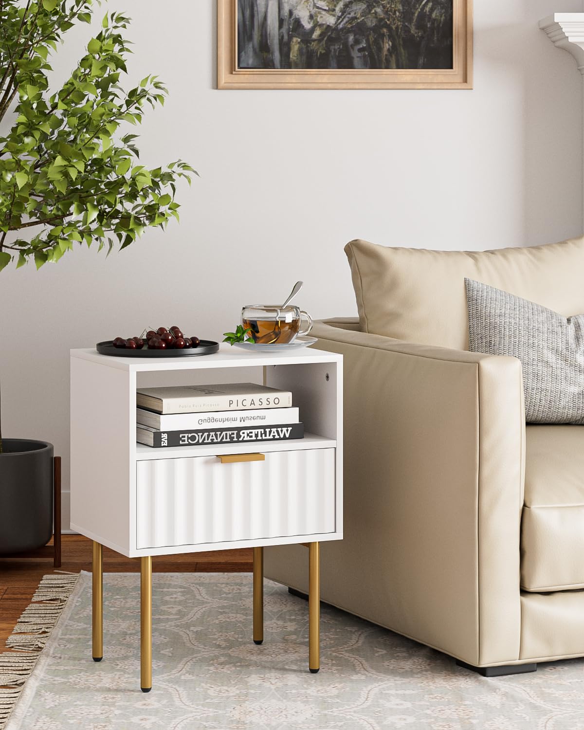 Aienvey Nightstand,Modern Bedside Table with Gold Frame,White Night Stand,Bedside Furniture, Modern Side Table with Drawer and Shelf for Bedroom,Living Room (White)