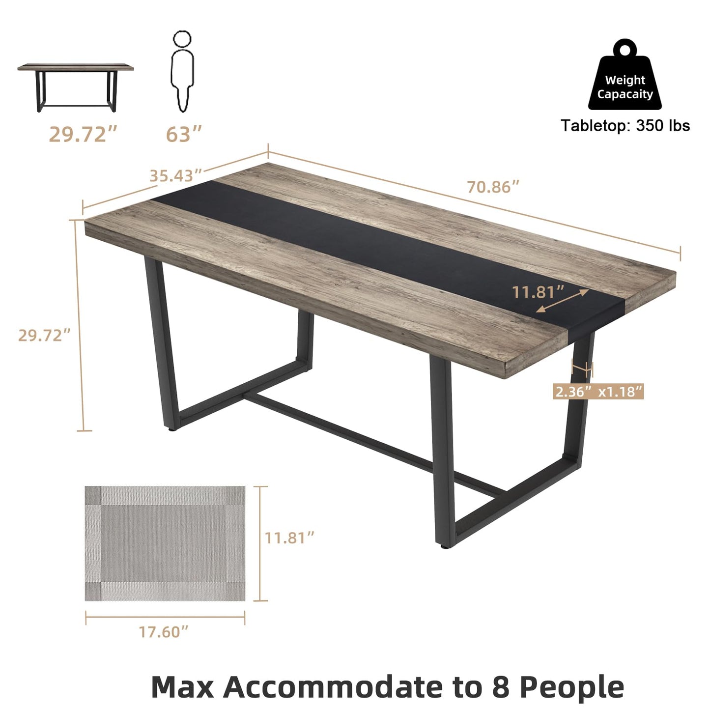 STHOUYN 71" 6ft Large Dinner Table for 6 8 Seat Dining Room Table, Rectangular Farmhouse Modern Kitchen Long Black & Grey Industrial Conference (Grey)