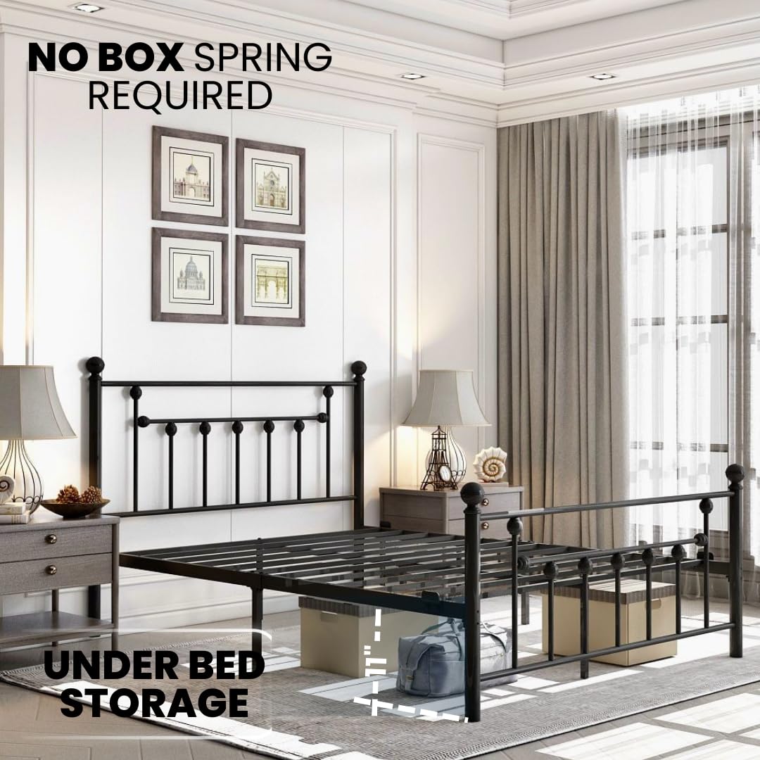 Golden Gate Beds Victorian Style Metal Platform Bed Frame with Antique Wrought Iron-Art Headboard and Footboard, Classic Cama Steel Mattress Foundation, No Box Spring Needed, Queen Size, Black Finish
