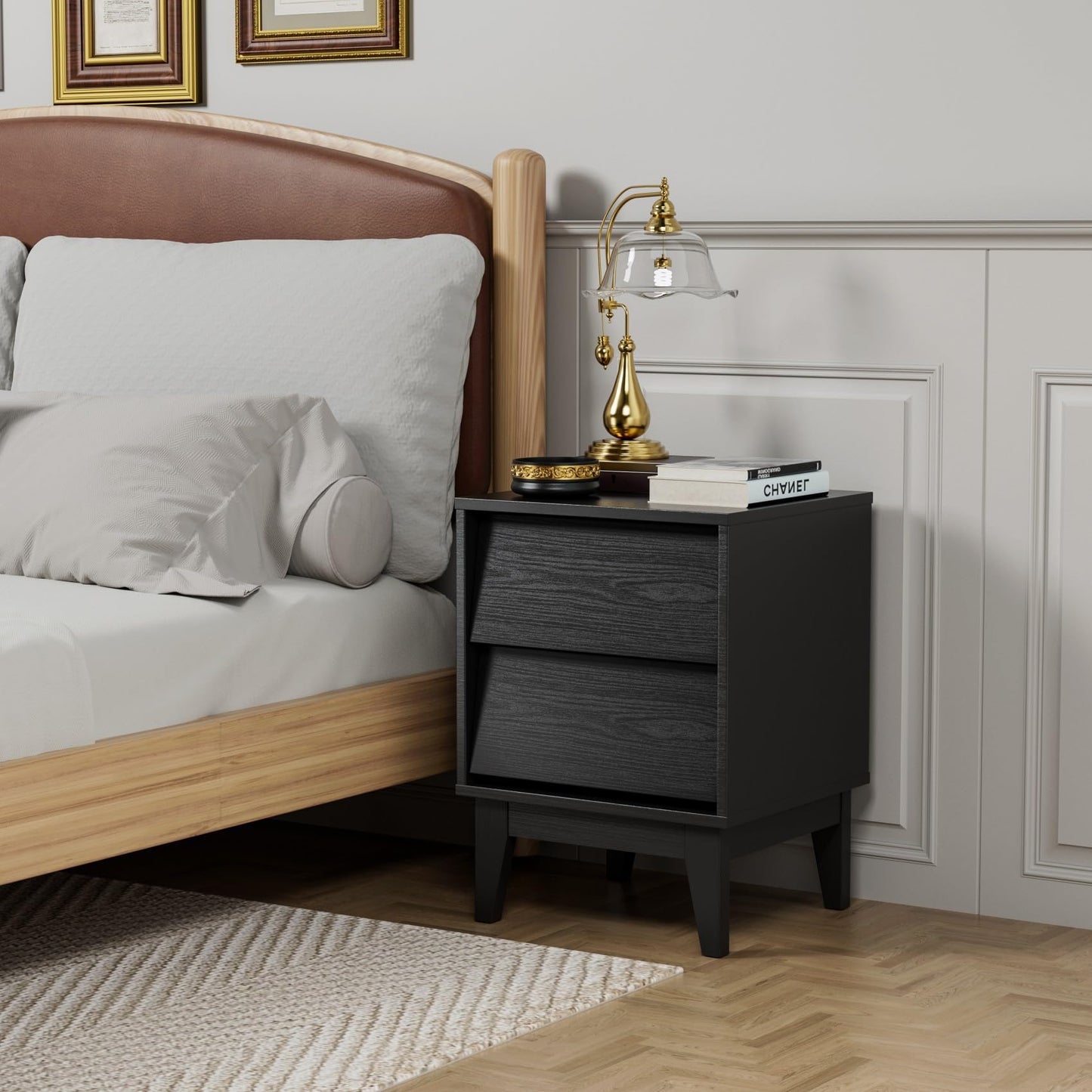 2 Set Nightstands with Beveled Design, Mid-Century Modern Bedside Tables with Solid Wood Legs for Bedroom Living Room, Black