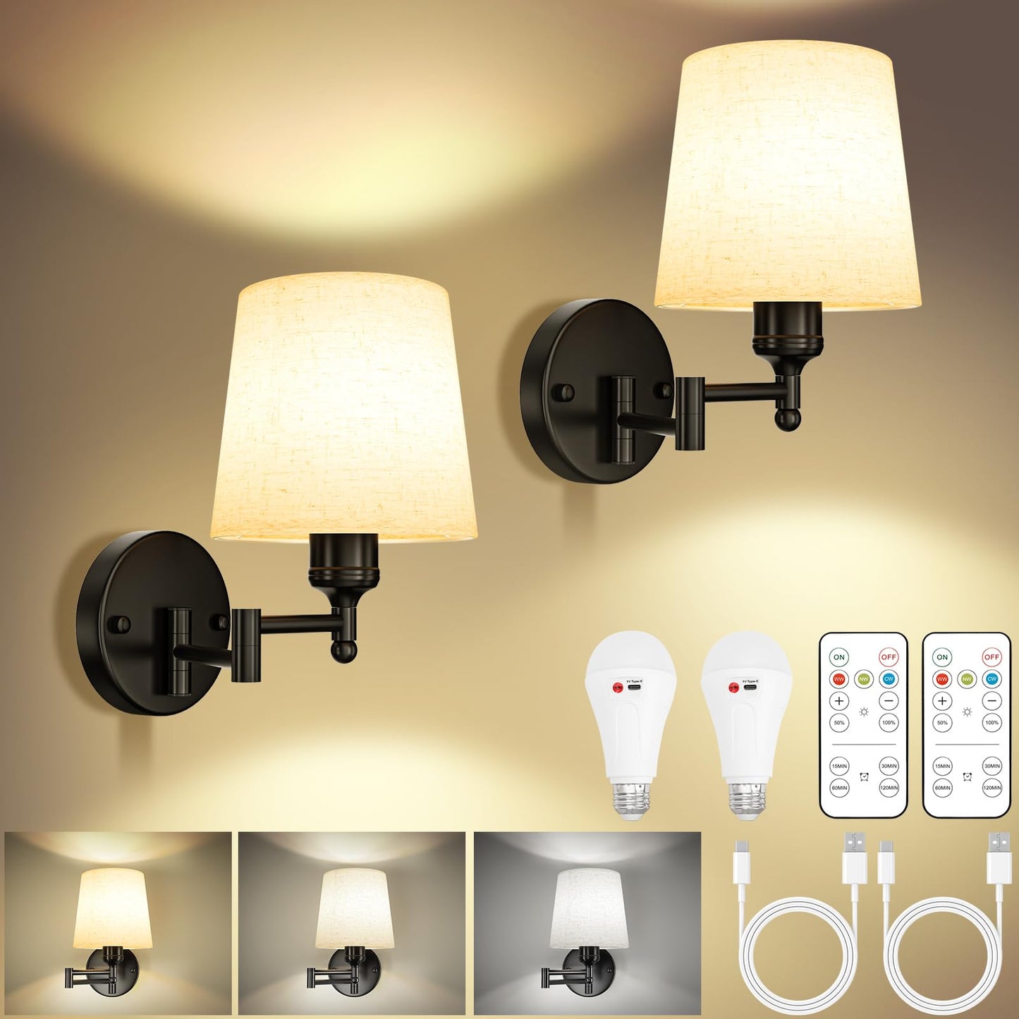 Frideko Swing Arm Rechargeable Wall Sconces Set of Two with Remote, 3 Colors Dimmable Battery Operated Wall Light, 5200mAh Wireless Wall Lamp with 4 Timer, Fabric Indoor Wall Lighting for Bedroom
