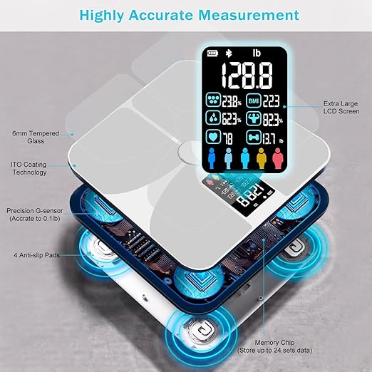 Multi Functional LCD Large Screen Intelligent Digital Body Fat Scale, Tempered Glass Bathroom Scale, Body Composition Analyzer with Smartphone Application and Bluetooth synchronous Scale