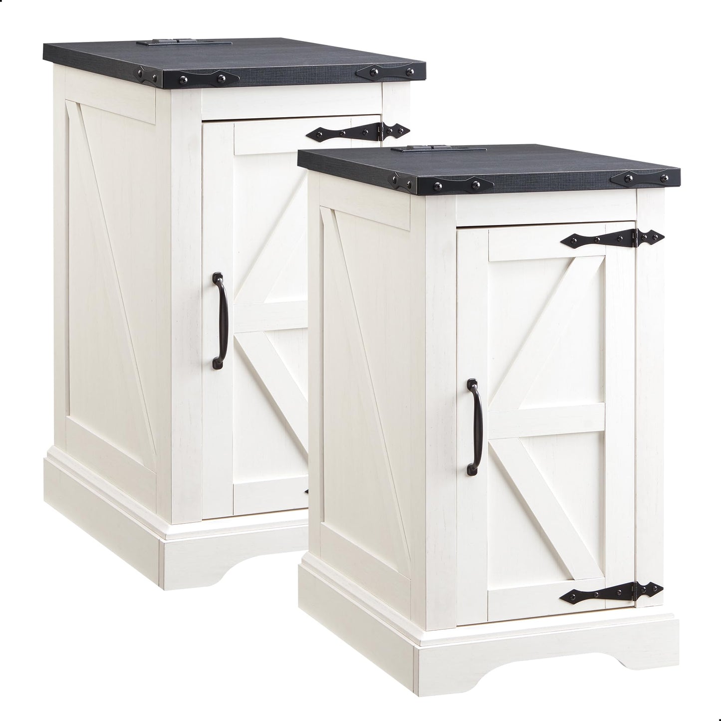 JXQTLINGMU Farmhouse Nightstand Set of 2 with Charging Station, 17" D Rectangular End Table with Barn Door & Adjustable Storage Shelf, Wood Rustic Sofa Side Table for Living Room, Bedroom, White