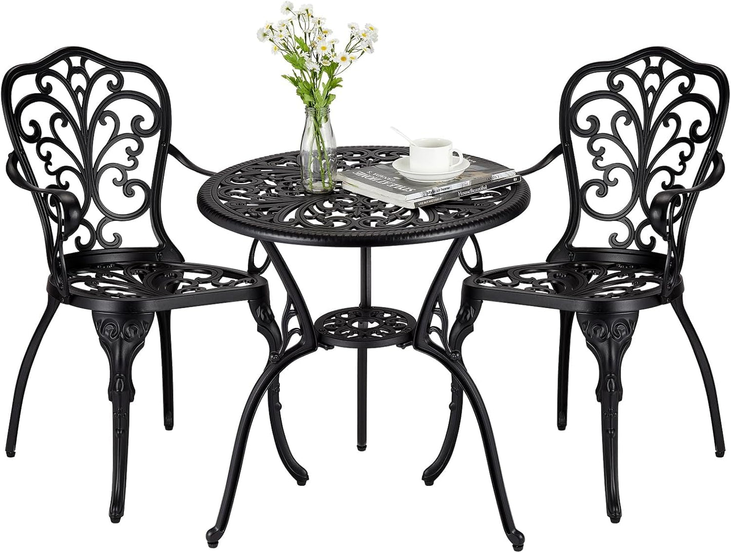 GarveeHome 3 Piece Outdoor Bistro Set, Cast Aluminum Patio Table and Chairs Set of 2 with Umbrella Hole, Rust-Resistant All Weather Balcony Furniture for Backyard, Porch, Black