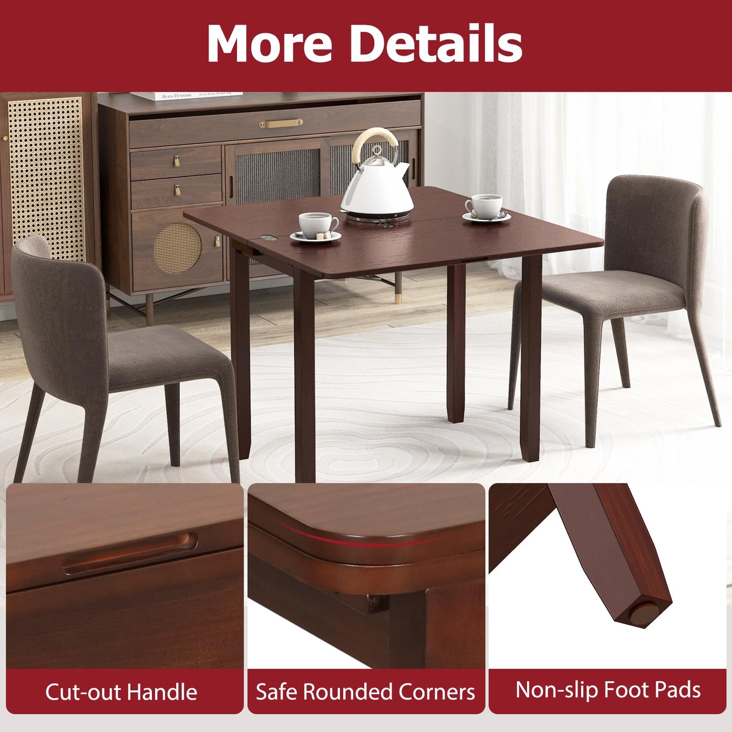Tangkula 40" Foldable Dining Table, Kitchen Table w/Solid Rubber Wood Legs, Dual Drop Leaf Design, Farmhouse Diner Table for 2-4 People, Dining Room, Living Room, Restaurant (Rectangle)