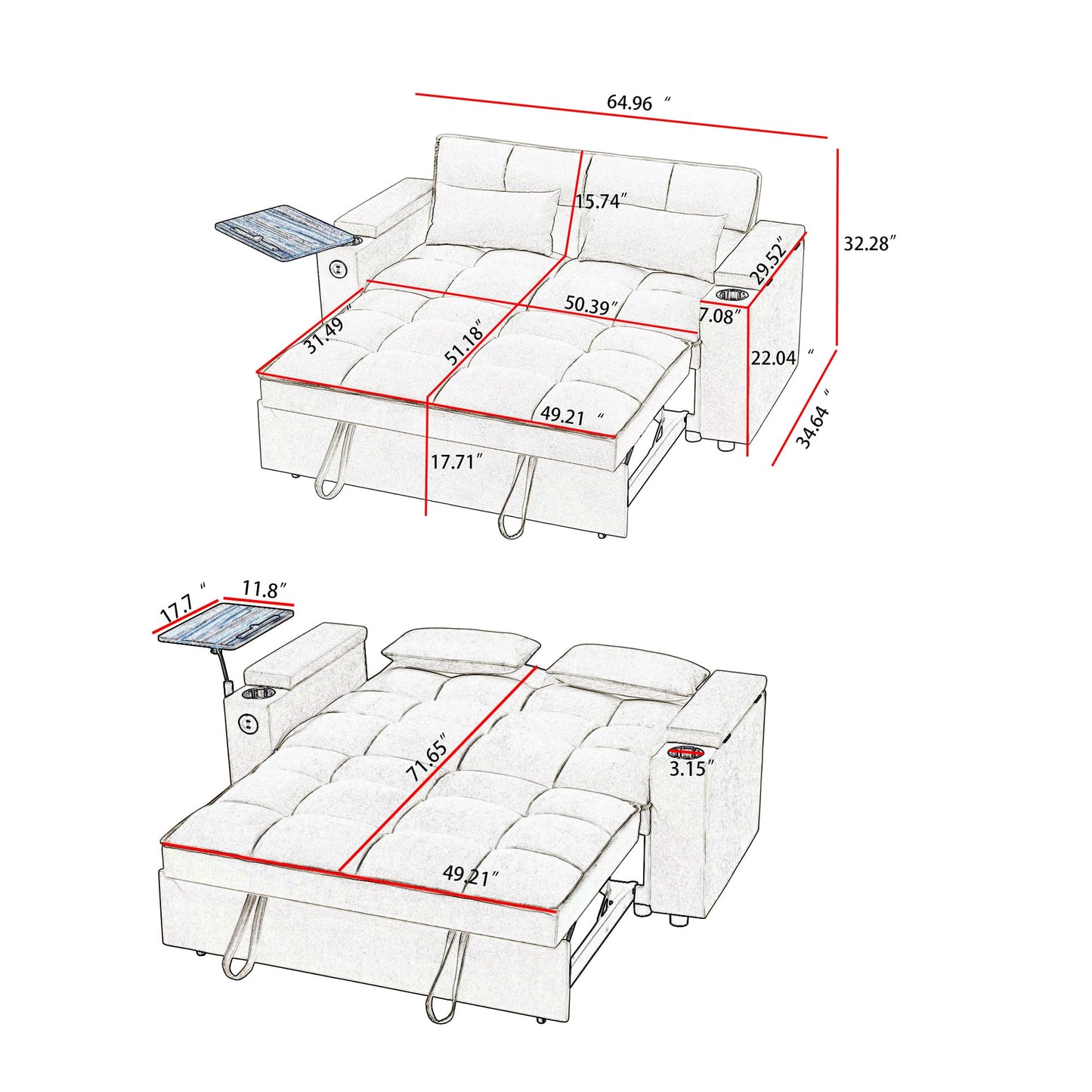 hansones 65'' 3-in-1 Folding Convertible Sofa Bed, Pullout Sofa, Modern Chenille Fabric, 360° Swivel Side Table, Easy Assembly, Perfect for Living Room, Grey