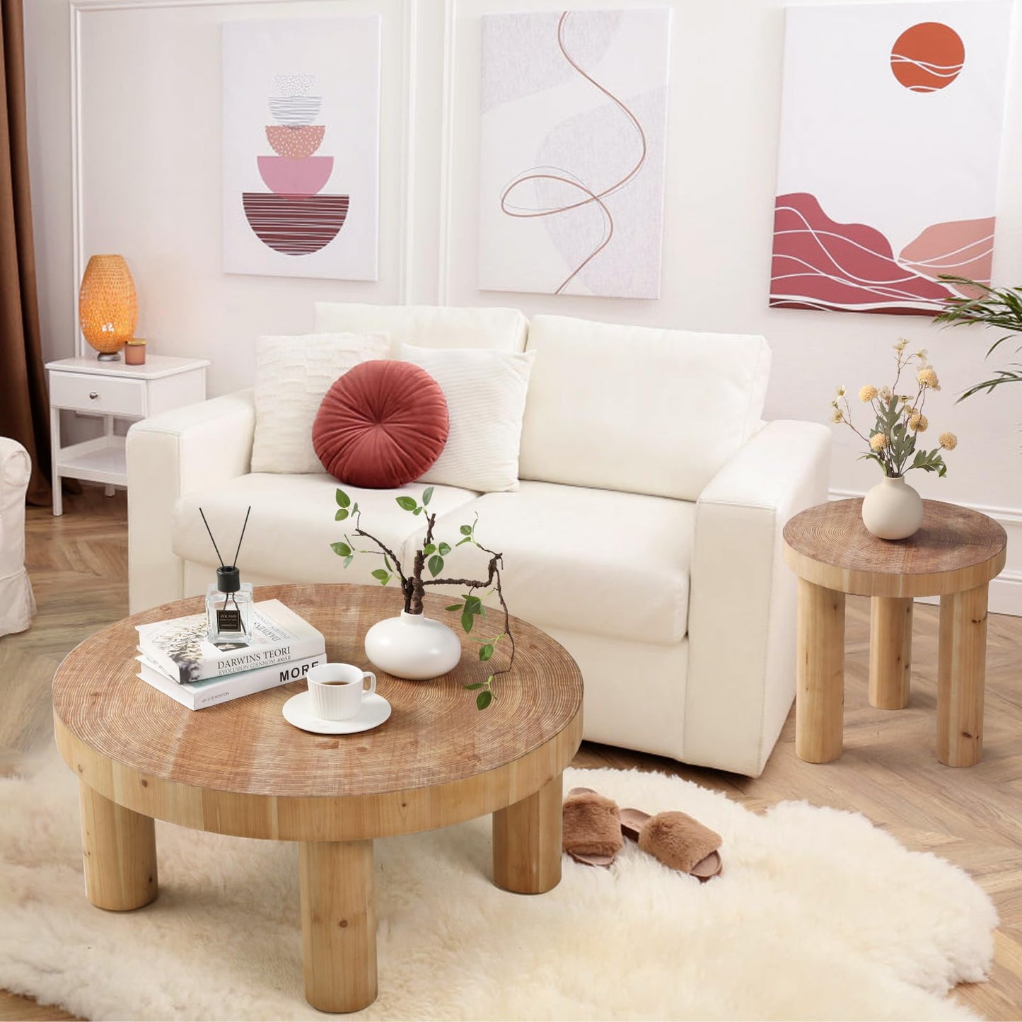 RUSTOWN 2-Piece Round Farmhouse Coffee Table, Rustic Coffee Table Sets, Circle Wooden Ring Finish with Solid Wood Legs, Center Tables Set for Living Room (Natural)