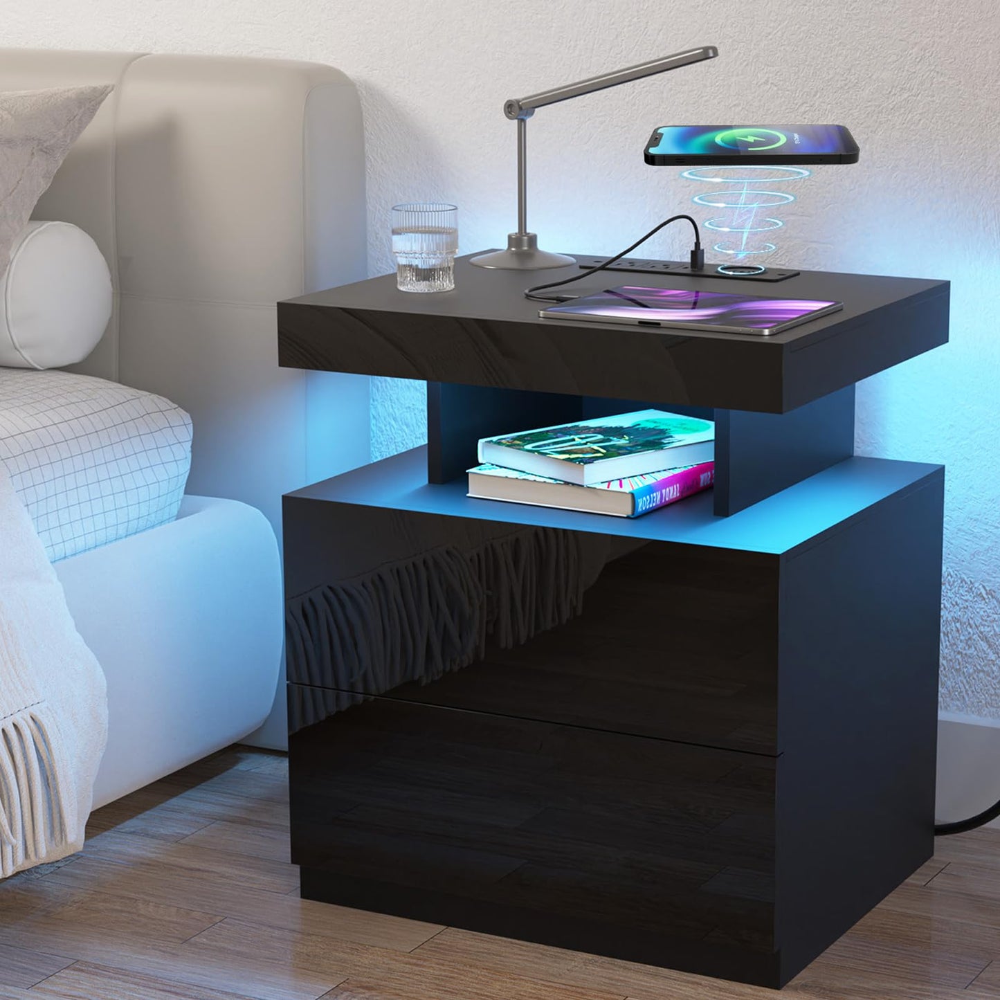 HOMMPA LED Nightstand with Wireless Charging Station & USB Ports, Modern Bedside Table, Black Night Stand with Open Compartment, Smart Nightstand High Gloss Surface for Bedroom