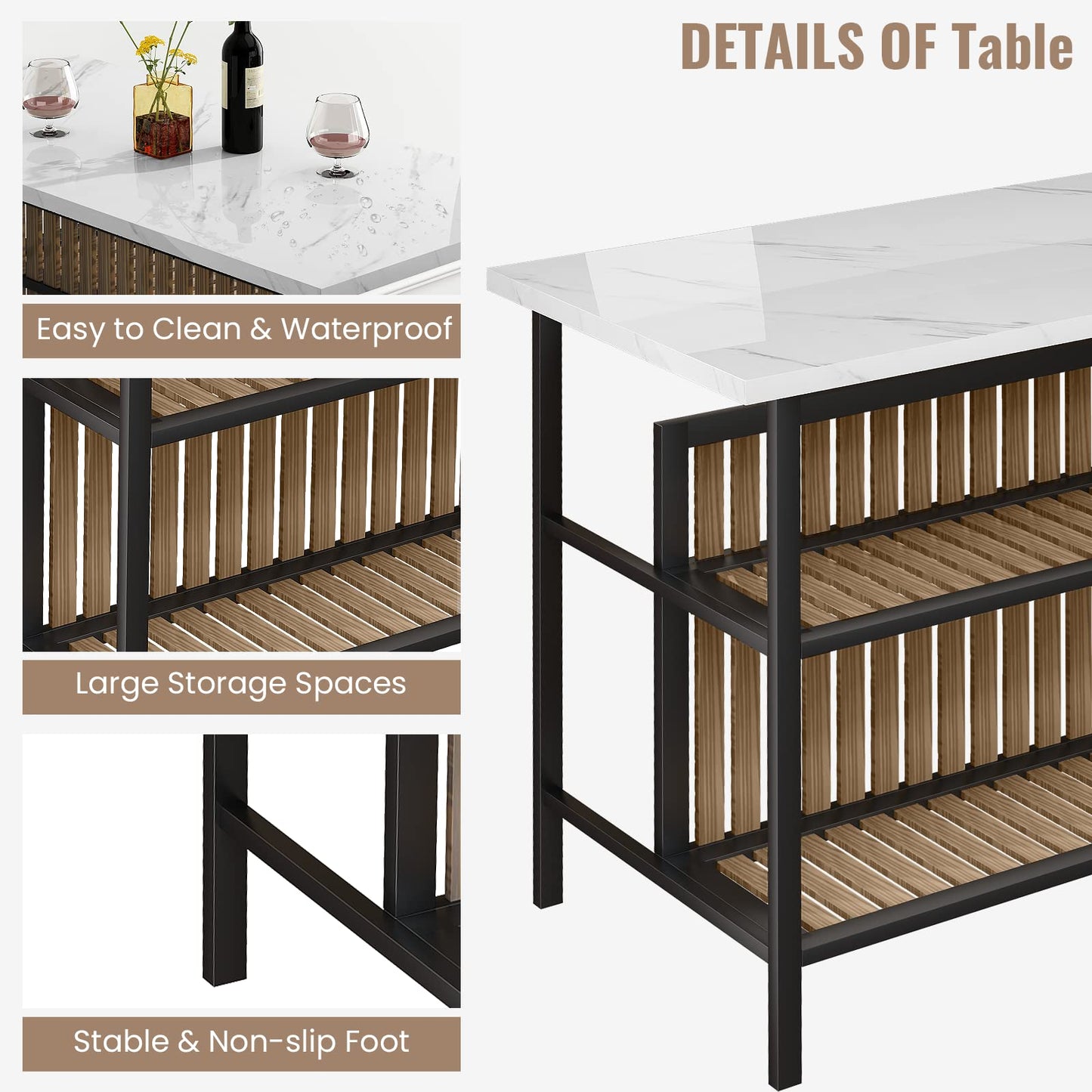 Lamerge 3 Piece Bar Table and Chairs Set, Industrial Bar Table Set with Storage Shelves,Marble Counter Height Table with 2 Bar Stools,Modern Pub Table Dining Room Table Set for Kitchen,White
