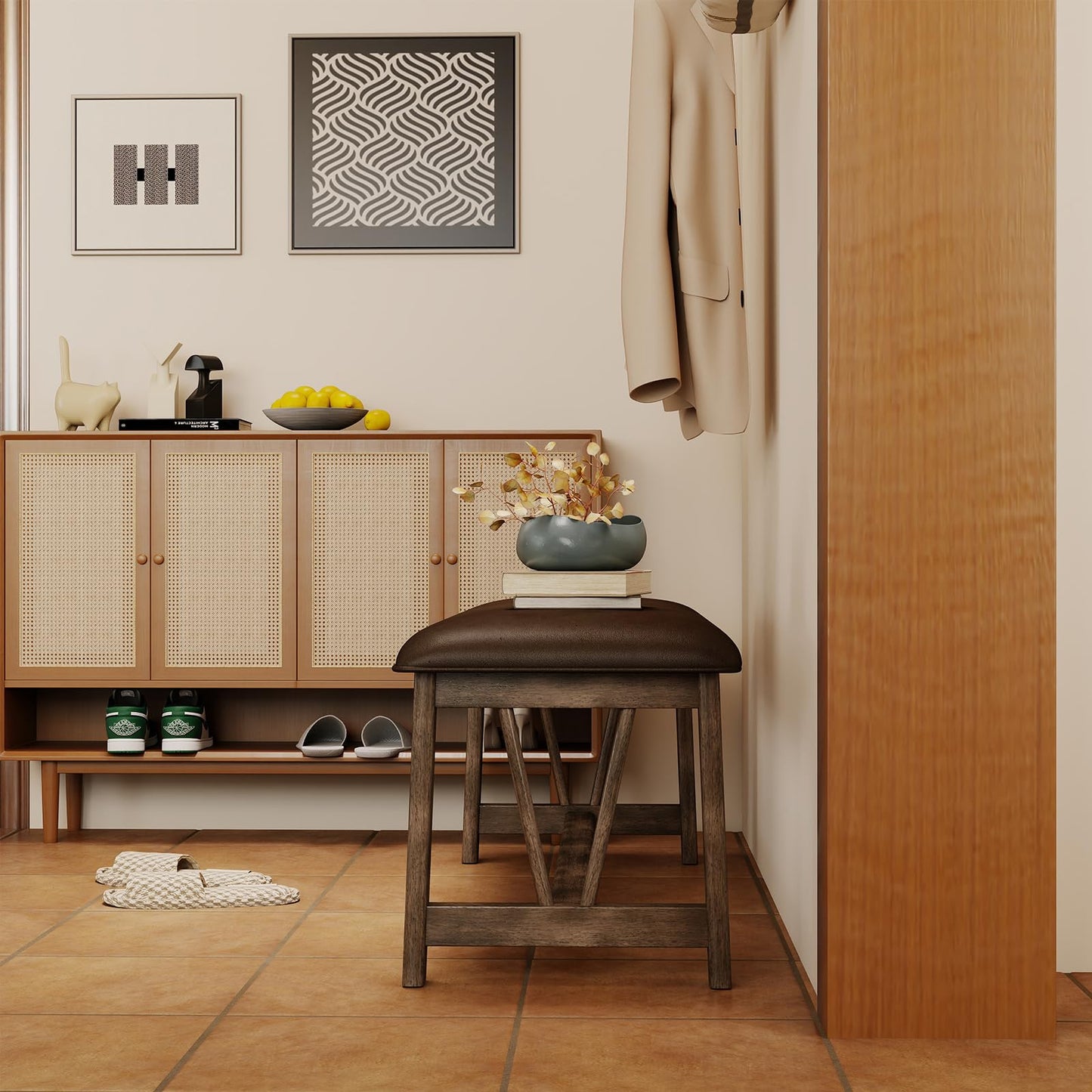 Kmax Entryway Bench, Upholstered Dining Bench with Solid Wood Legs Farmhouse Window Bench Rustic Bench Seat for Living Room Hallway Kitchen - PU, Brown