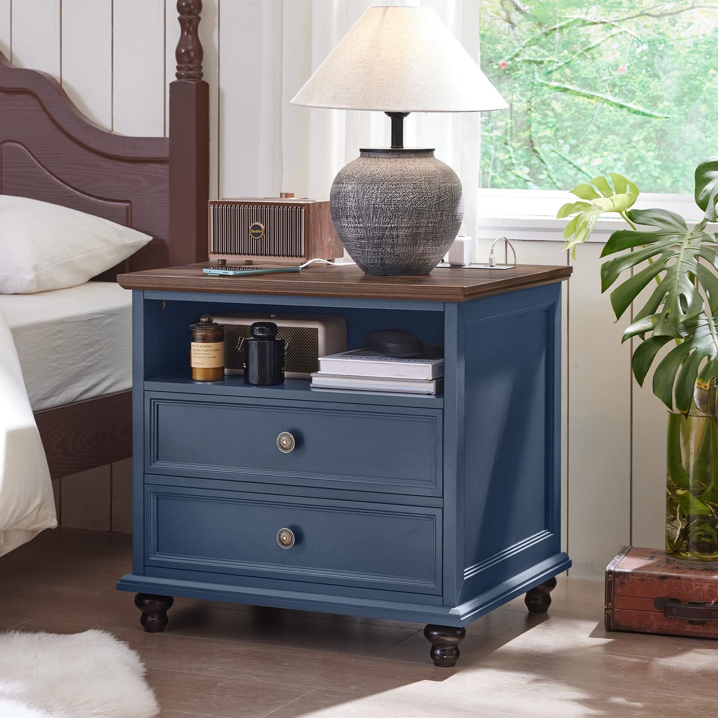 Joaxswe 24" Wide Farmhouse Nightstand with Charging Station, End Table with 2 Drawers, Blue Wood Dresser for Bedroom Cabinet, Bed Side Table Chest of Drawers, Night Stand for Living Room, Closet