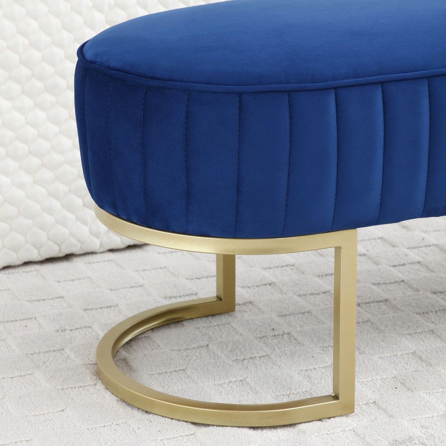 UOCFYK Bedroom Bench, Velvet Upholstered End of Bed Bench with Curved Gold Metal, 48" Ottoman Bench for Living Room, Entryway, Window, Blue