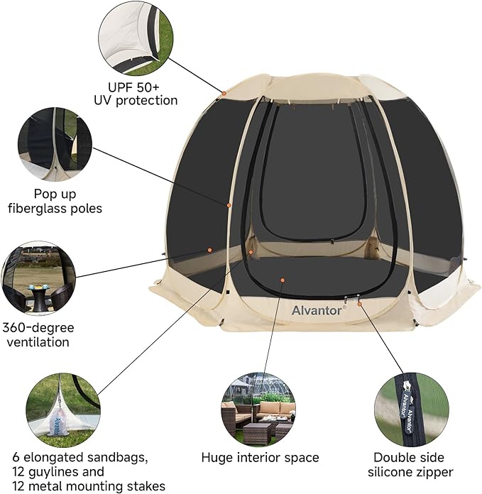 Alvantor Screen House Gazebo, 6-10-15 Person Pop Up Igloo Screened Canopy Tent with Mosquito Netting Sides, Instant UV Resistant Sun Shelter for Garden, Patio, Backyard