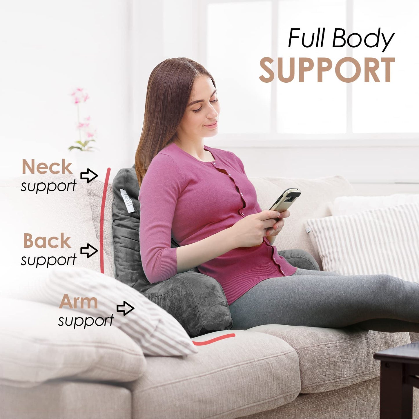 Nestl Reading Pillow with Shredded Memory Foam, Designed for Sitting Up in Bed and Couch, Back and Arms Adjustable Support for Adult & Teens Backrest Pillows for Reading, with Washable Cover Dark Grey