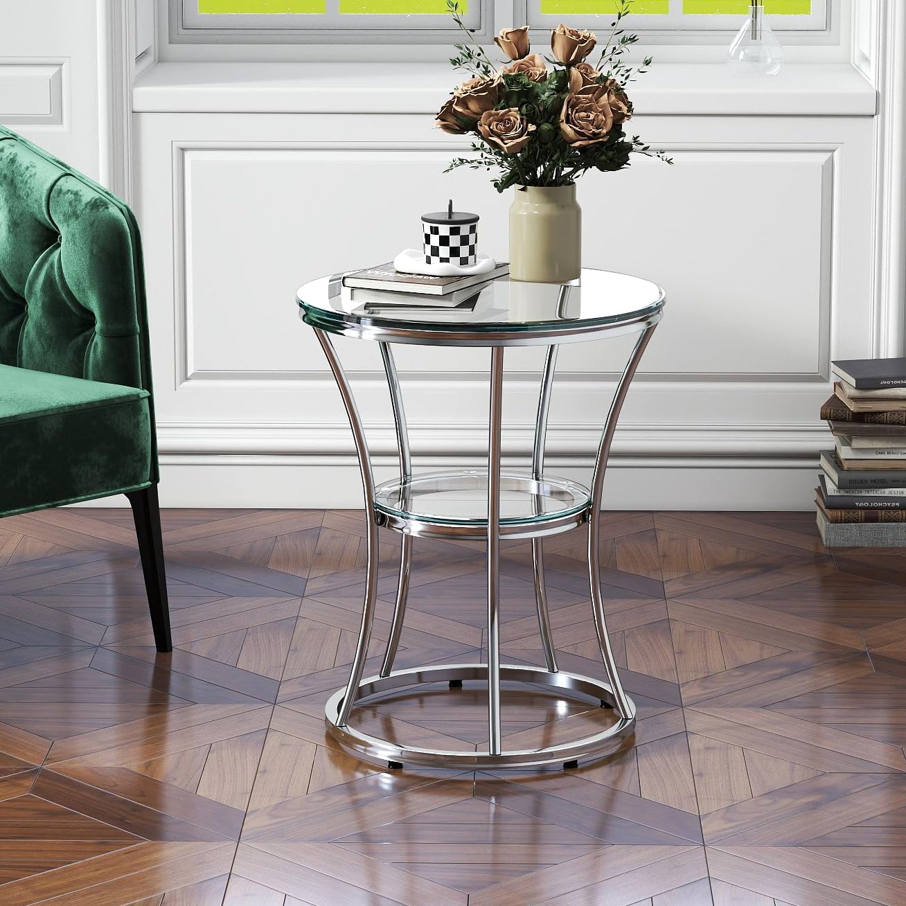 O&K FURNITURE Round End Table with Tempered Glass, Small Silver Side Table for Small Spaces, Nightstand with Shelf for Living Room, Bedroom, Office,Chrome Finish, 1 PC