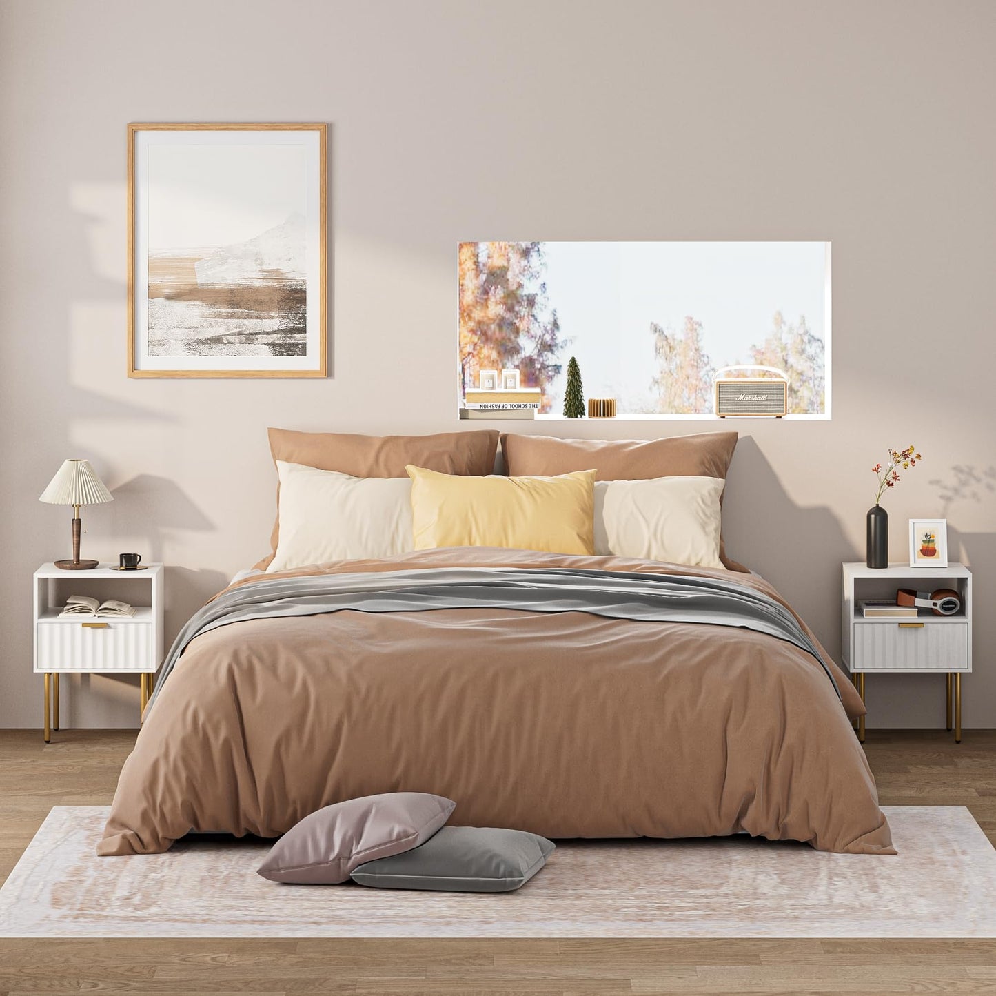 Aienvey Nightstand,Modern Bedside Table with Gold Frame,White Night Stand,Bedside Furniture, Modern Side Table with Drawer and Shelf for Bedroom,Living Room (White)