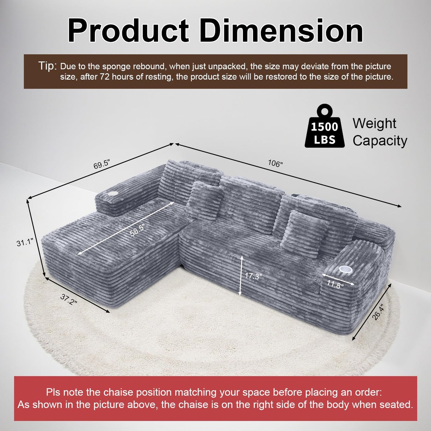 Cloud Sectional Couch with L-Shape Chaise, Modern Modular Sofa with Deep Seat, Built-in Cup Holder & Storage Pocket for Living Room Bedroom, No Assembly Required (Light Gray, Right Facing Chaise)