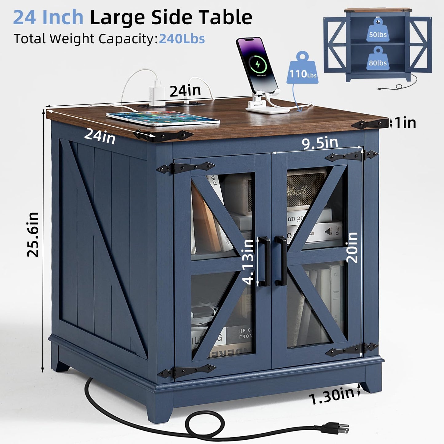 Joaxswe Farmhouse End Table with Charging Station, 24" Large Sofa Side Table with Glass Barn Door, Blue Nightstand with Adjustable Storage Shelf,Wood Square Bedside Table for Living Room,Bedroom