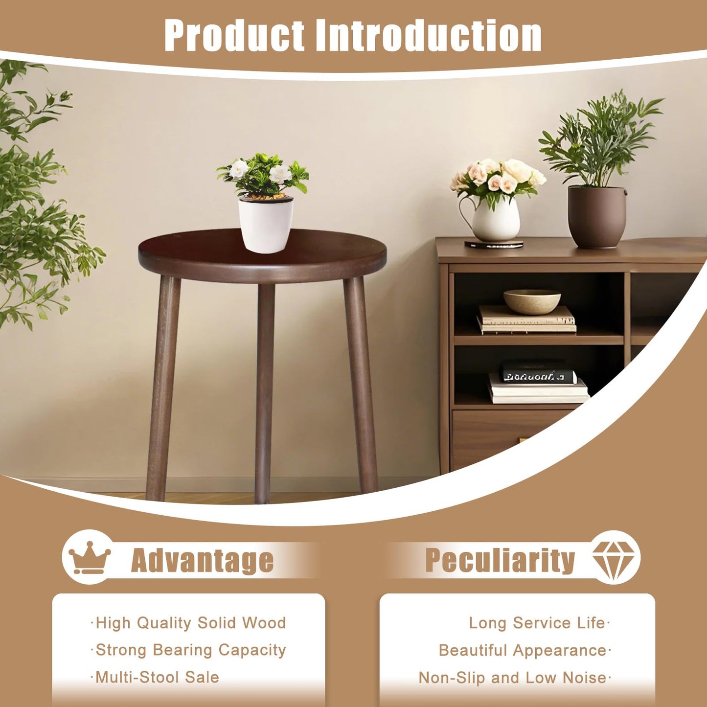 Buzleer Walnut Side Table, Round End Table, Solid Rubberwood Small Accent Table, Drink Table with 3 Legs for Living Room, Bedroom, Balcony, and Small Spaces