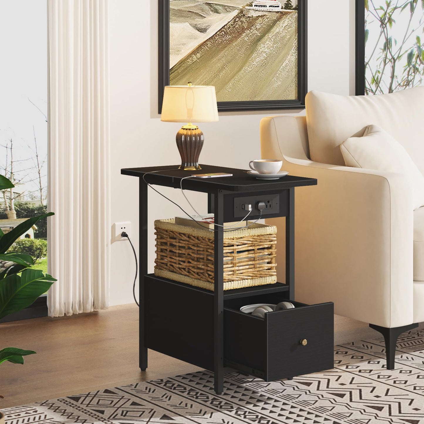 LIDYUK End Table with Charging Station, Narrow Side Table with Drawer and USB Ports & Power Outlets, Nightstand Bedside Tables for Small Spaces, Bedroom, Living Room, Black