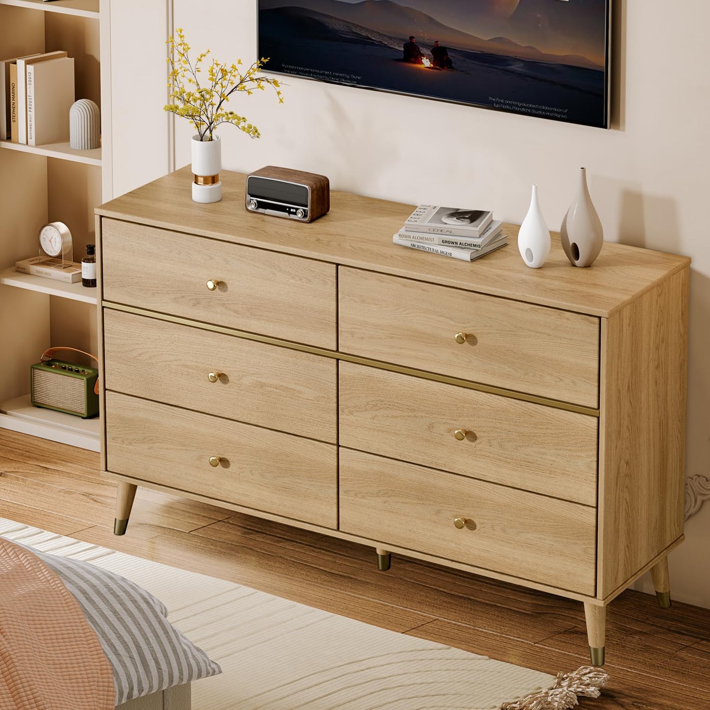 Chrangmay 6 Drawer Dresser,47" Wide Mid Century Modern Chest of Drawers,Wooden Bedroom Drawer Dresser with 6 Storage Drawers for Bedroom,Living Room,with Anti-Tipping Device,Wood