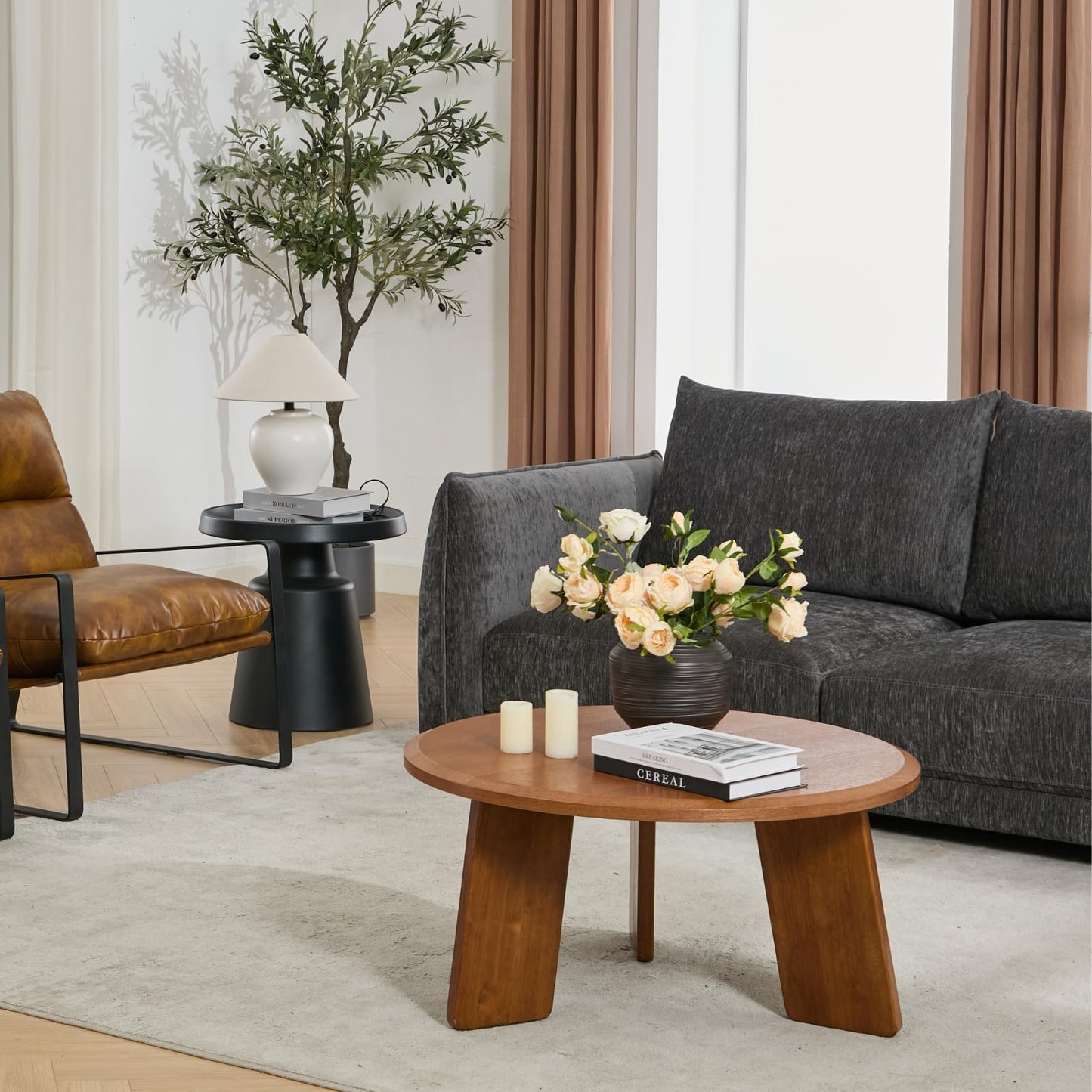 DAYALANE 32" Coffee Table for Living Room, Modern Small Round Coffee Table, Wooden Walnut Side Coffee Table with Legs, Accent Sofa Table Cute Circle End Table for Small Space, Reception, Office