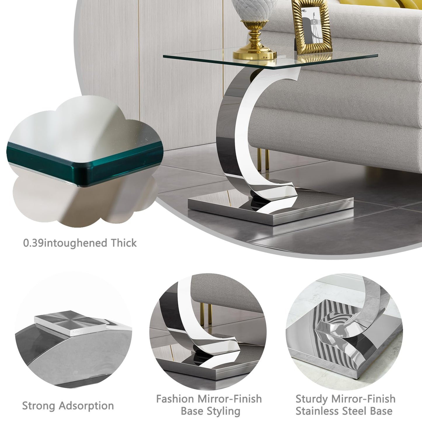 HomVent 3 Piece Glass Coffee Table Set, Living Room Side Table Set of 3, Modern Tempered Glass Coffee Table and 2 End Tables Set with Silver Unique Shapes Stainless Steel Base for Living Room