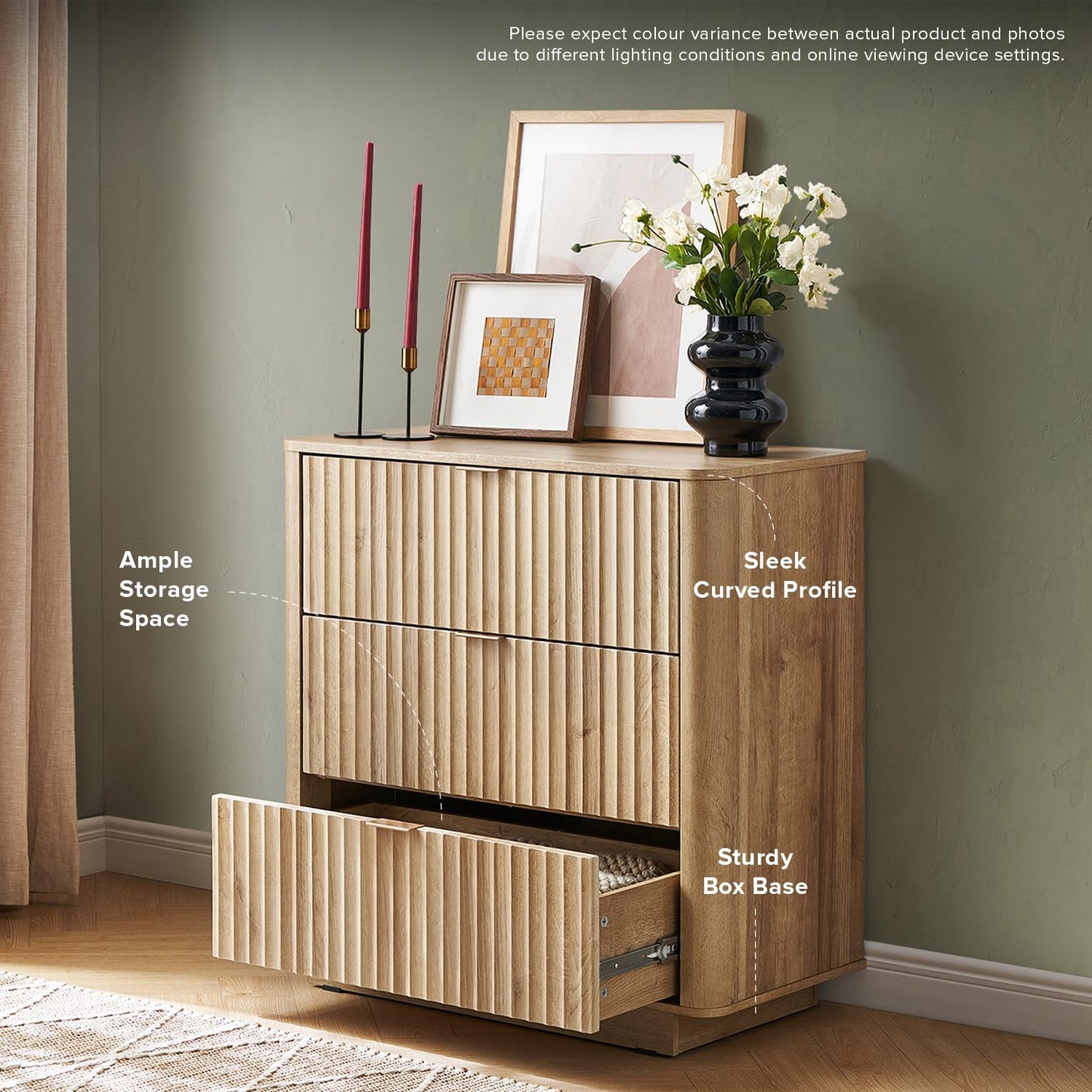 mopio Brooklyn 3 Drawer Dresser for Bedroom, Mid Century Modern Chest of Drawers, Wood Tall Nightstand, Waveform Fluted Side Table, Enhanced Safety, ASTM F2057-23 Sturdy Compliant (Oak)