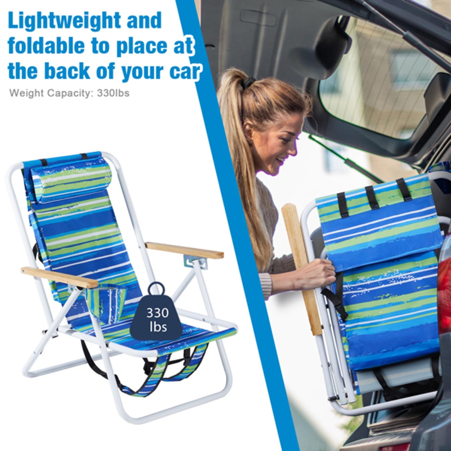 Folding Beach Chair Set for Adults,4 Position Portable Backpack Foldable Camping Chair with Headrest Cup Holder and Wooden Armrests,Adjustable high Beach Lounge Chairs for Outdoor (1PCSStripes)