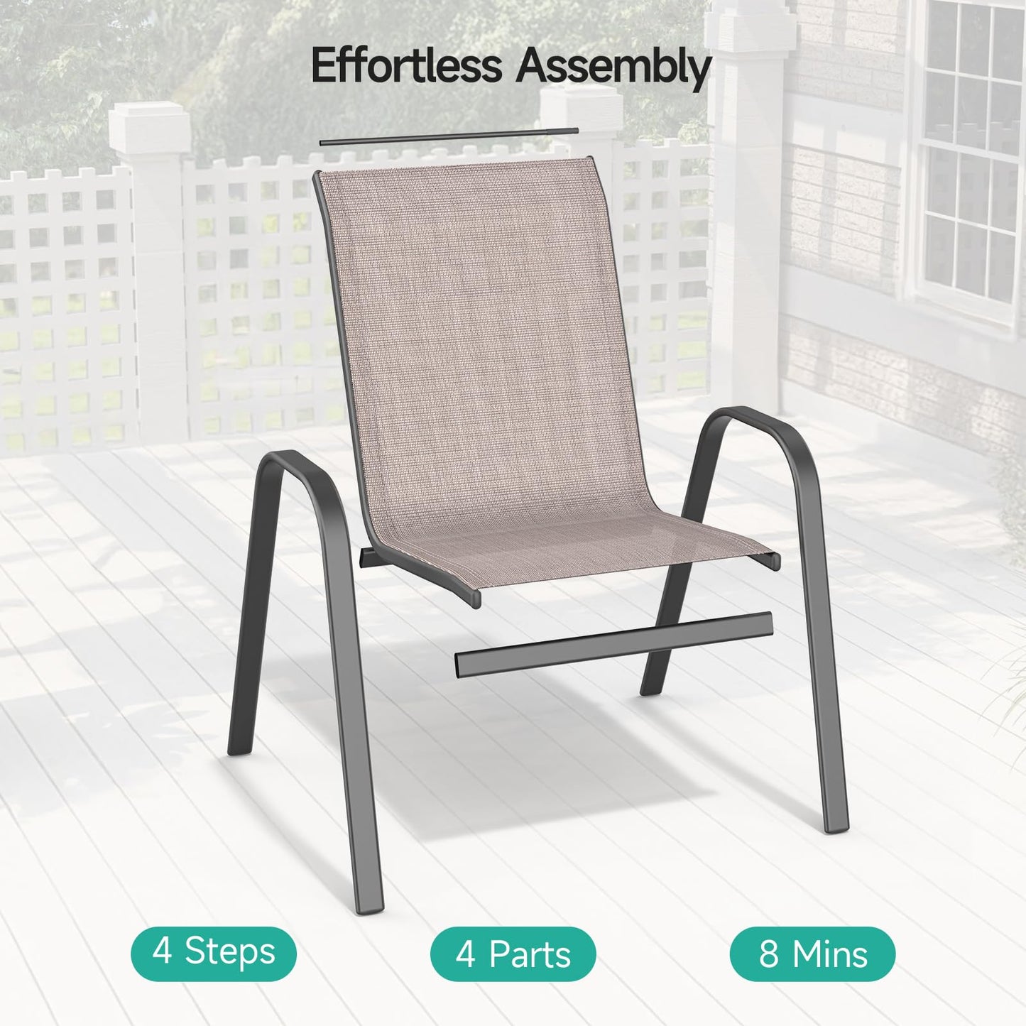 Dovov Patio Chairs Set of 4, Easily Set Up Stackable Outdoor Dining Chairs with High Back and Wide Seat, All Weather Breathable Outdoor Chairs Set of 4 with Metal Frame for Backyard Deck Pool, Brown