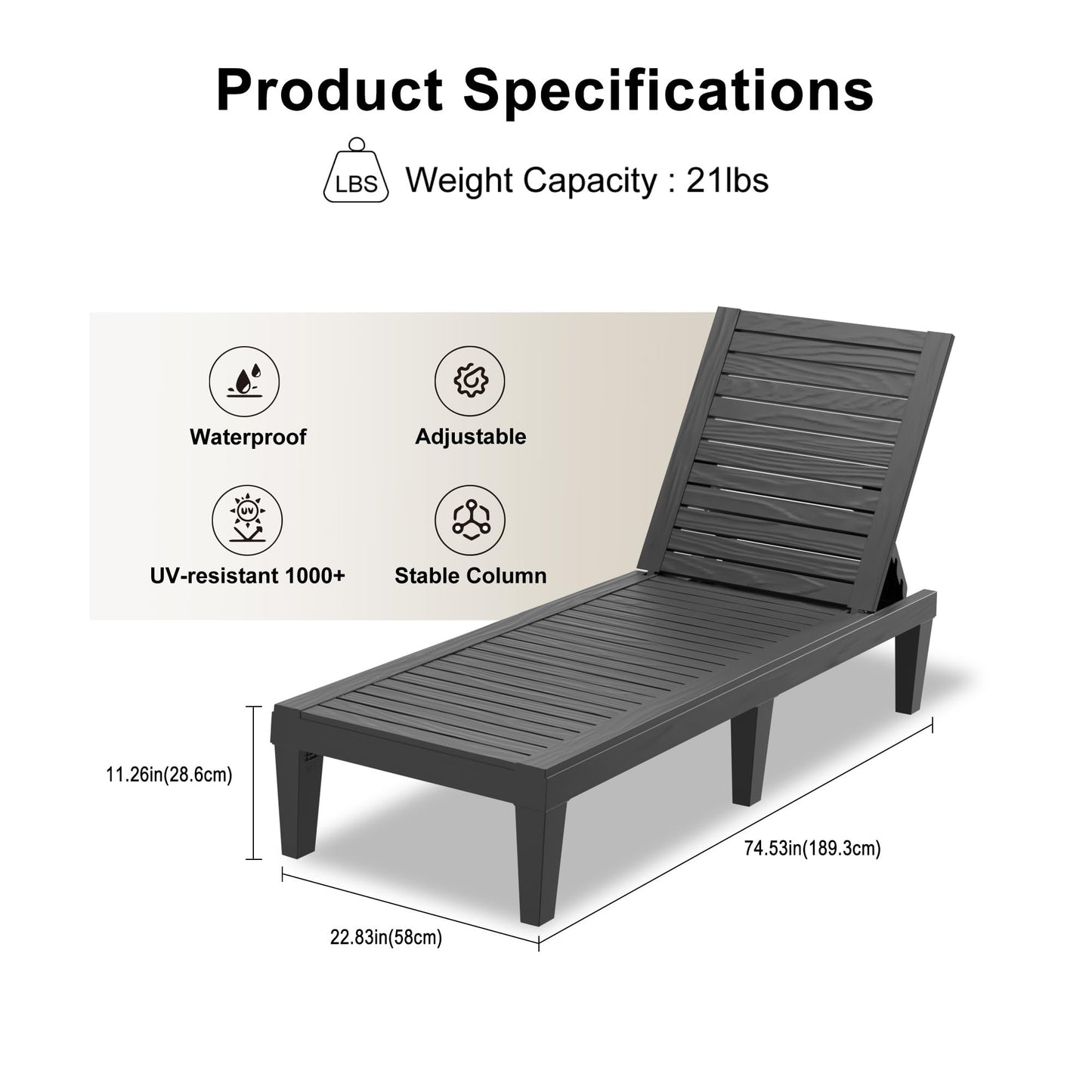 EasyUp Resin Chaise Lounge Chairs with 5-Position Backrest, UV & Fade-Resistant, Waterproof for Garden, Pool, Beach & Patio (Set of 1-Black)
