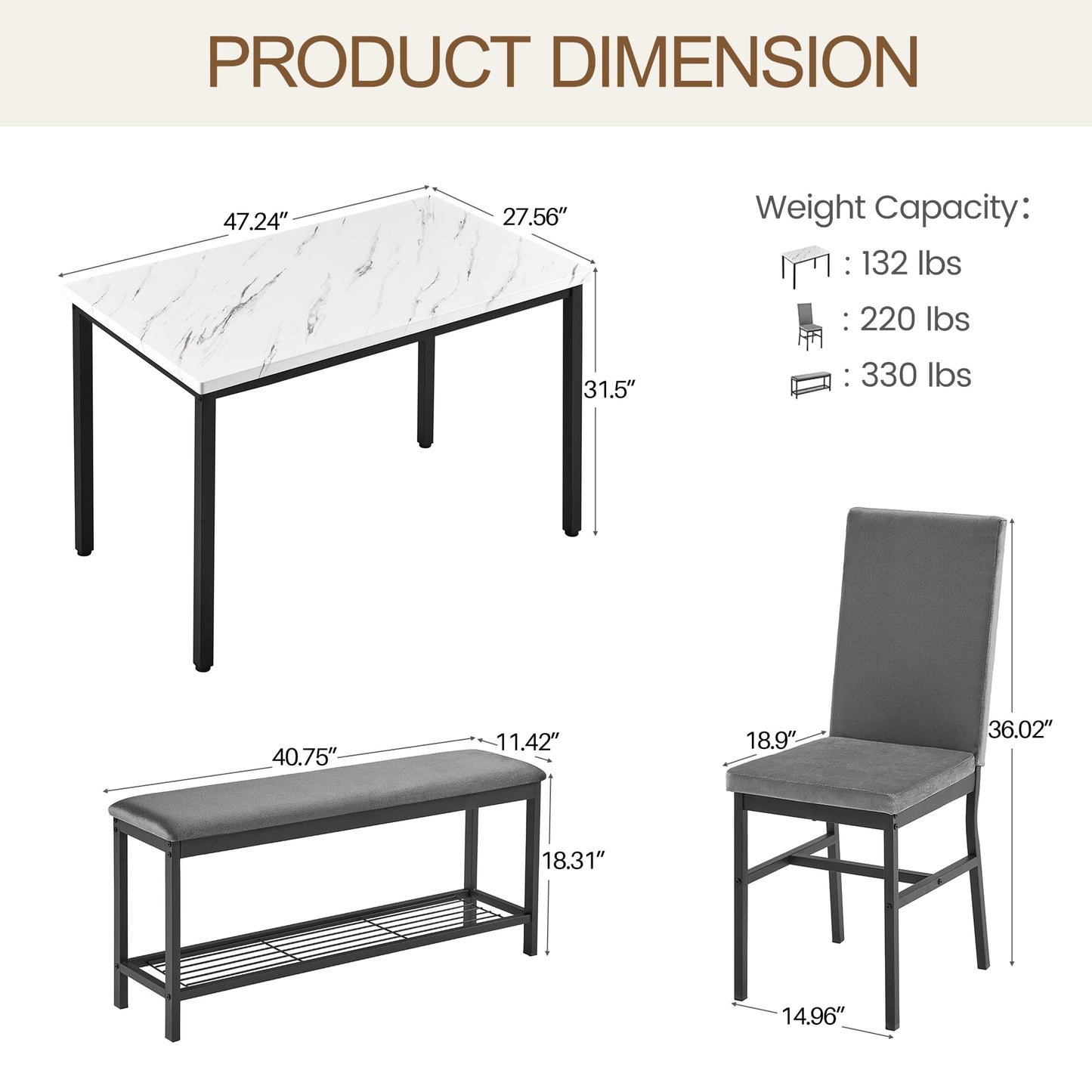 COCLUB Dining Table Set for 4, 47.2" Faux Marble Kitchen Table Set with Upholstered Velvet Chairs and Bench, 4-Person Rectangular Space Saving Dinette Set for Apartment, Restaurant, Home (Gray)