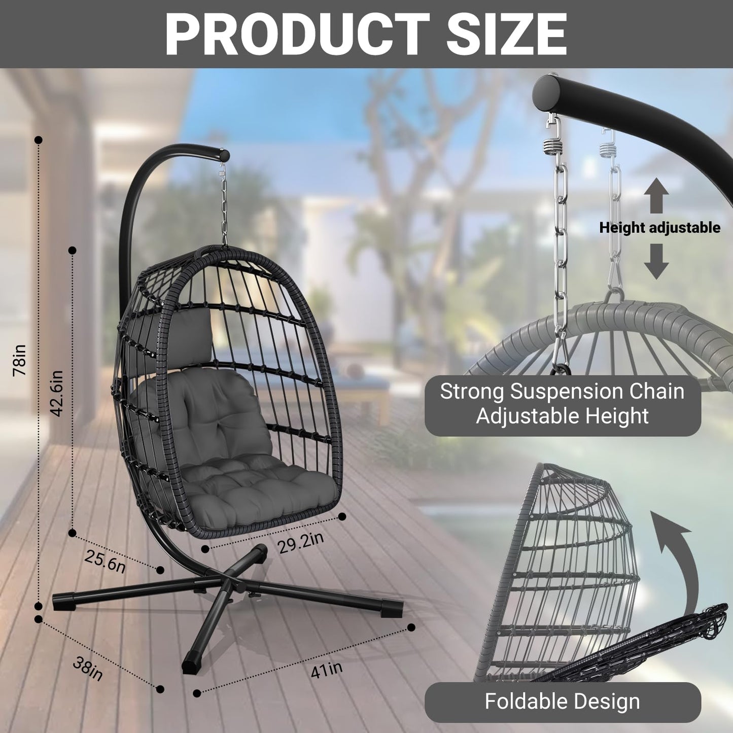 CHABATREE Egg Chair with Stand,Patio Rattan Wicker Hanging Swing Egg Chair Hammock Chair for Bedroom Porch Garden,Thickened Aluminum Alloy Steel Frame and UV Resistant Cushion,350LBS Capacity