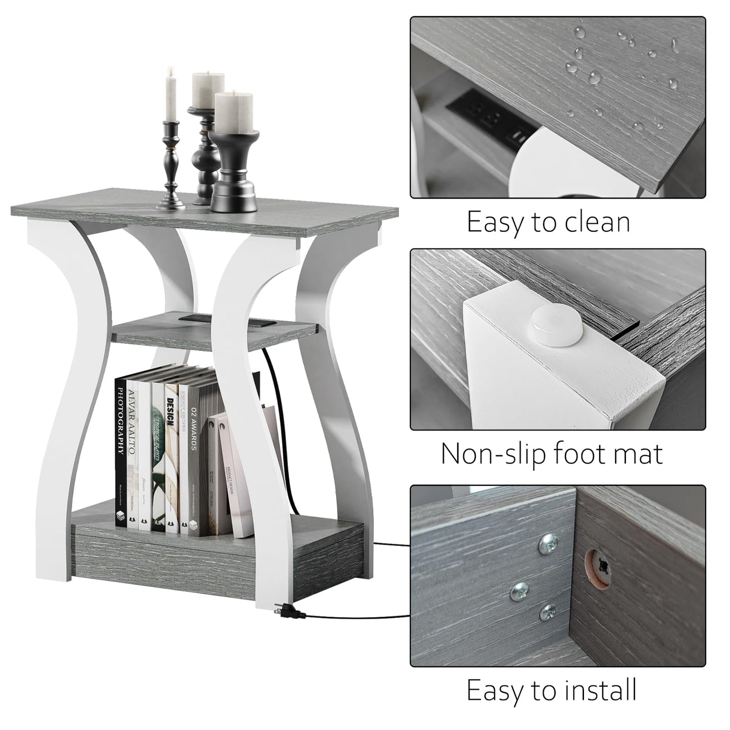 FROMJBEST End Tables Living Room Set of 2,Grey End Table with Charging Station,Grey Side Table, Nightstand for Bedroom, 3 Tier End Table with Storage Shelf for Living Room