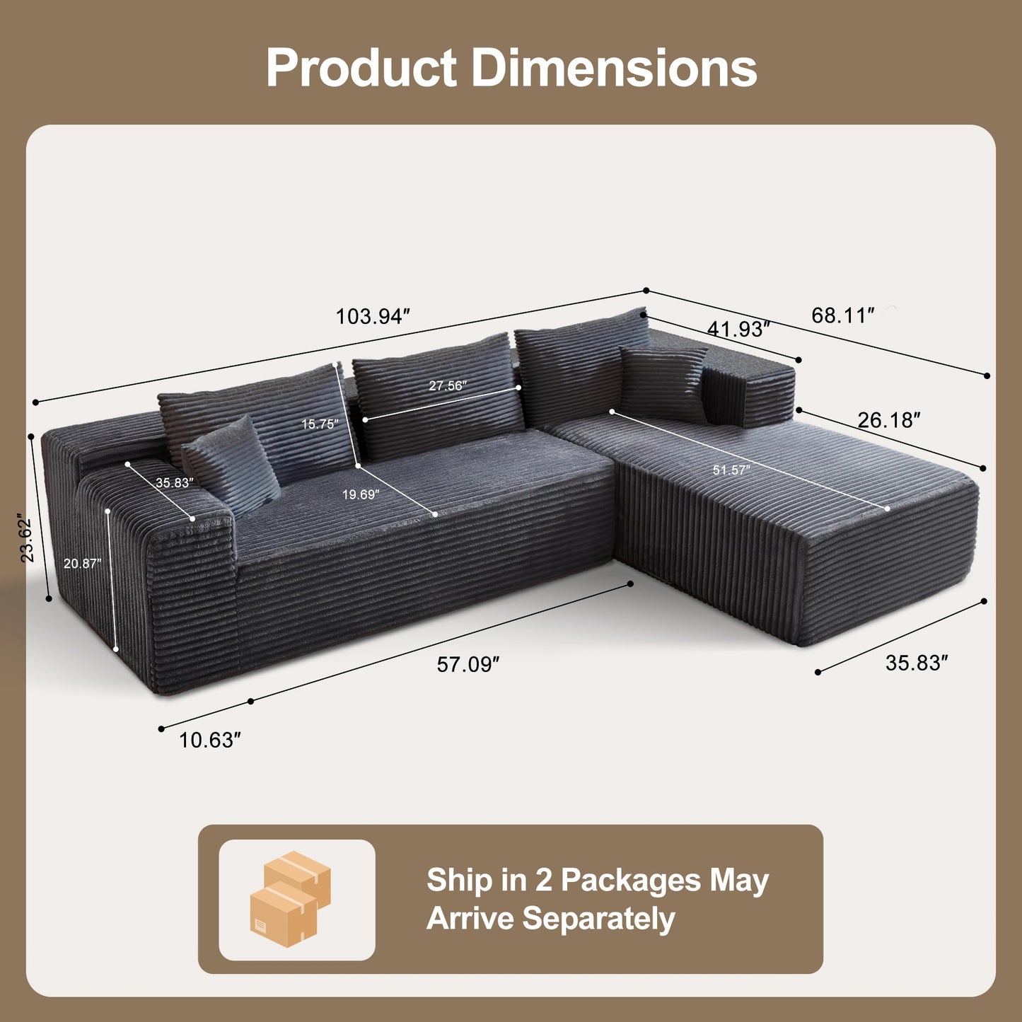 ComeWay 104" Sectional Couches for Living Room, Modular Sectional Sofa with Deep Seat, L-Shape Couch with Chaise, Cloud Couch for Living Room Bedroom, No Assembly Required (Flannel, Right)