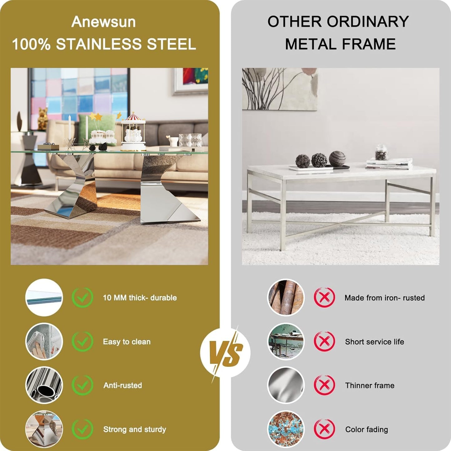 Anewsun Silver Coffee Table, Clear Tempered Glass Coffee Table with Waved Legs in Mirrored Silver Stainless Steel Finish, 48'' Glam Tea Table for Living Room, Apartment, Office