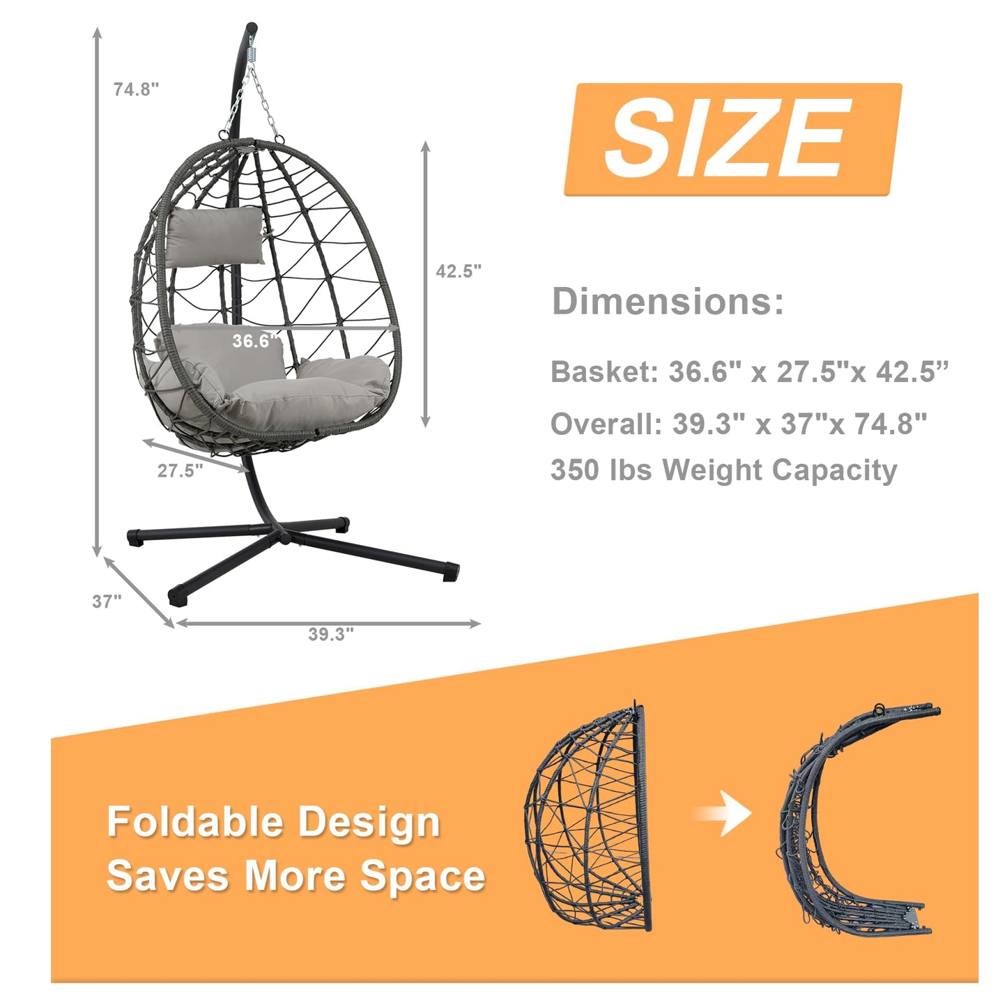Hanging Egg Chair with Stand Egg Chair Indoor Outdoor, Patio Swing Hammock Egg Chairs, UV Resistant Removable & Washable Thicken Padded Cushions, 350LBS Capacity for Bedroom, Balcony, Garden, Grey